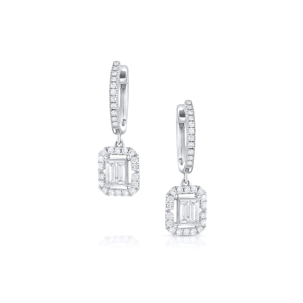 18K White Gold Diamond Huggie Rectangular Drop Earrings for Women - Elegant Dangling Earrings for Wedding, Party & Special Occasions