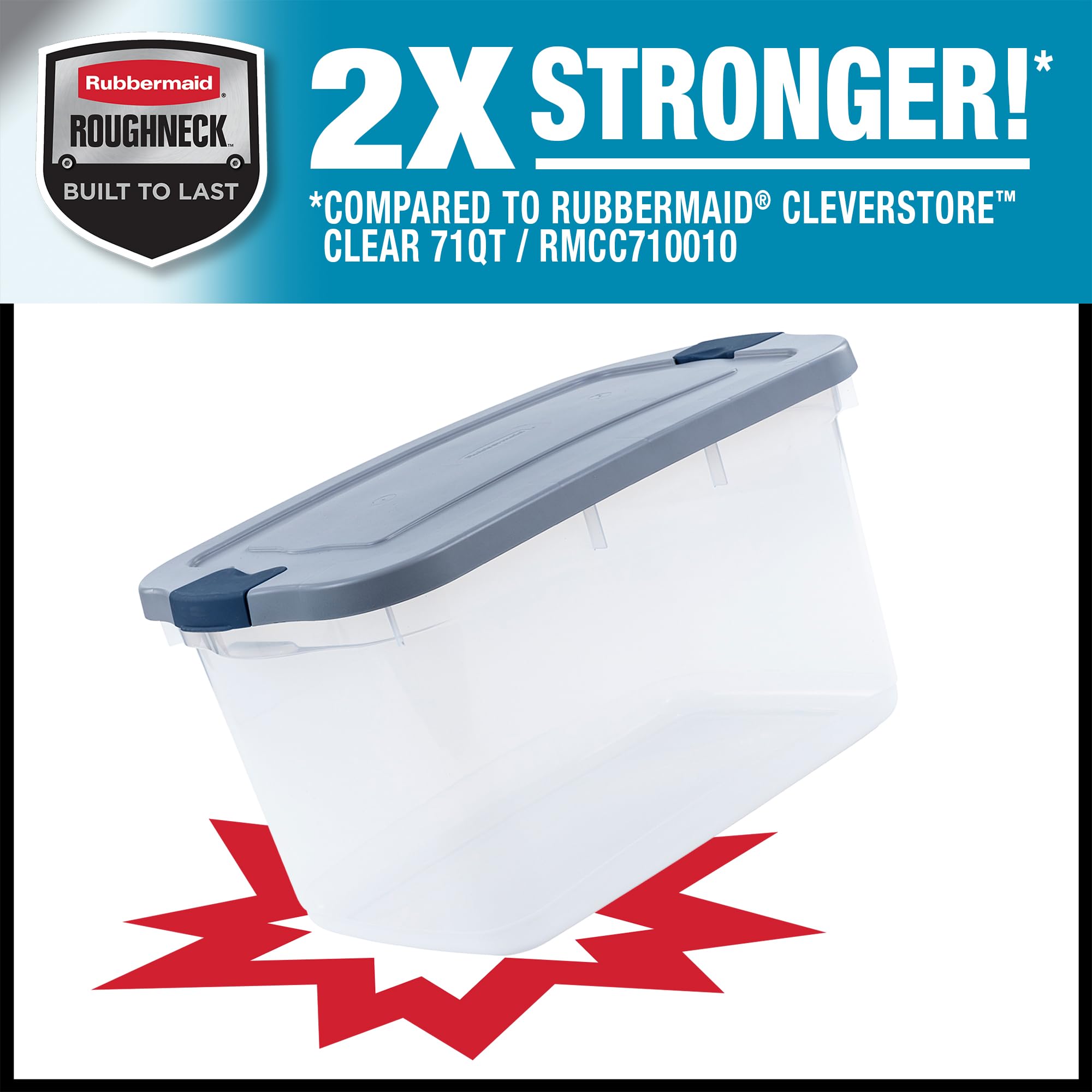 Rubbermaid Roughneck Clear 66 Qt (16.5 Gal) Storage Containers with Latching Grey Lids - 4 Pack, Durable Stackable Bins with Visible Base for Home Organization, Garage, Closet & Office Storage