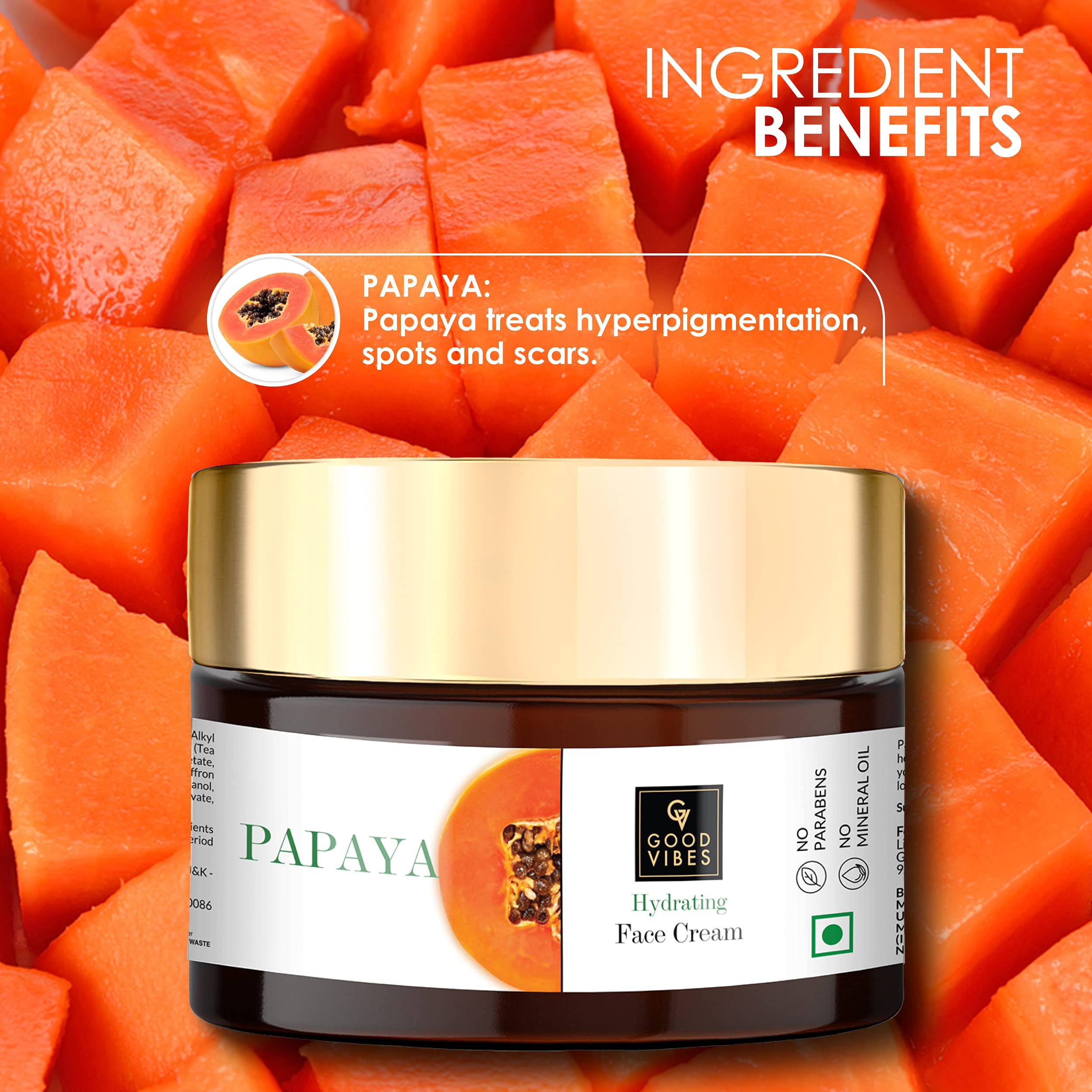 Good Vibes Papaya Hydrating Face Cream 50g - Skin Brightening Moisturizer with Lightweight Formula | Reduces Dark Circles & Improves Skin Clarity | Natural, Paraben & Sulfate Free, Cruelty Free | Perfect for Daily Hydration & Nighttime Skin Repair