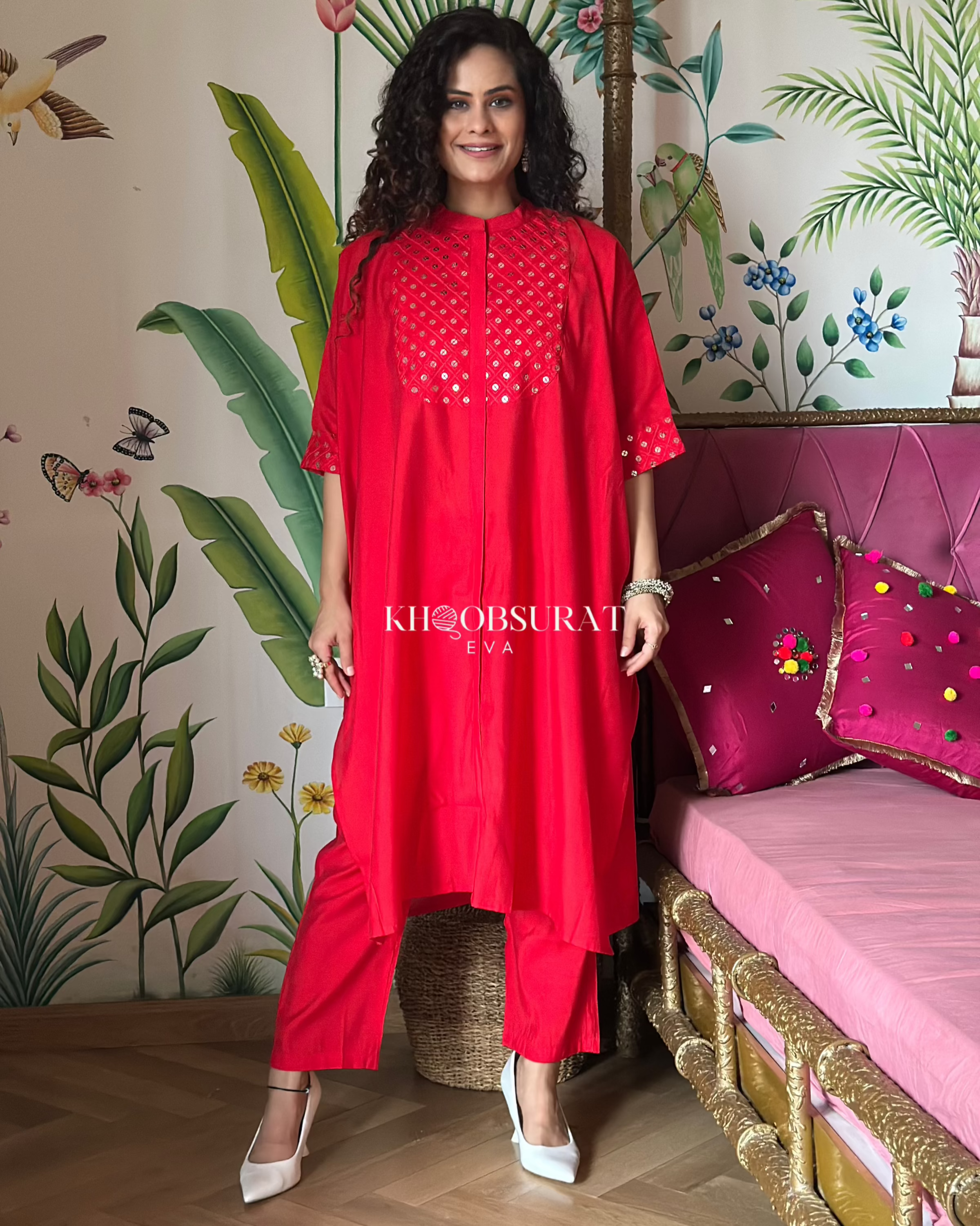 Stylish Indian Red Kaftan Set for Women - Traditional Ethnic Embroidered Long Dress with Pants - Perfect for Festivals, Weddings & Boho Chic Outfits