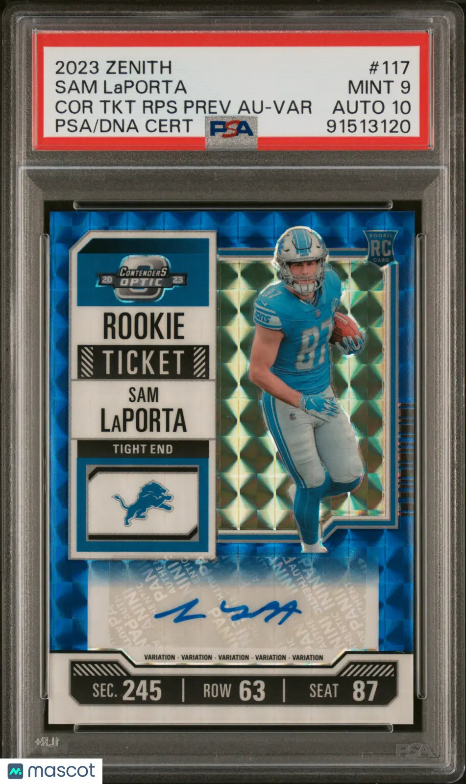 2023 Contenders Optic Football Sam LaPorta Rookie Ticket Auto Blue Variation PSA 9 /23 - Rare Collectible Card for NFL Fans & Sports Memorabilia Enthusiasts - Perfect for Display, Trading, and Investment