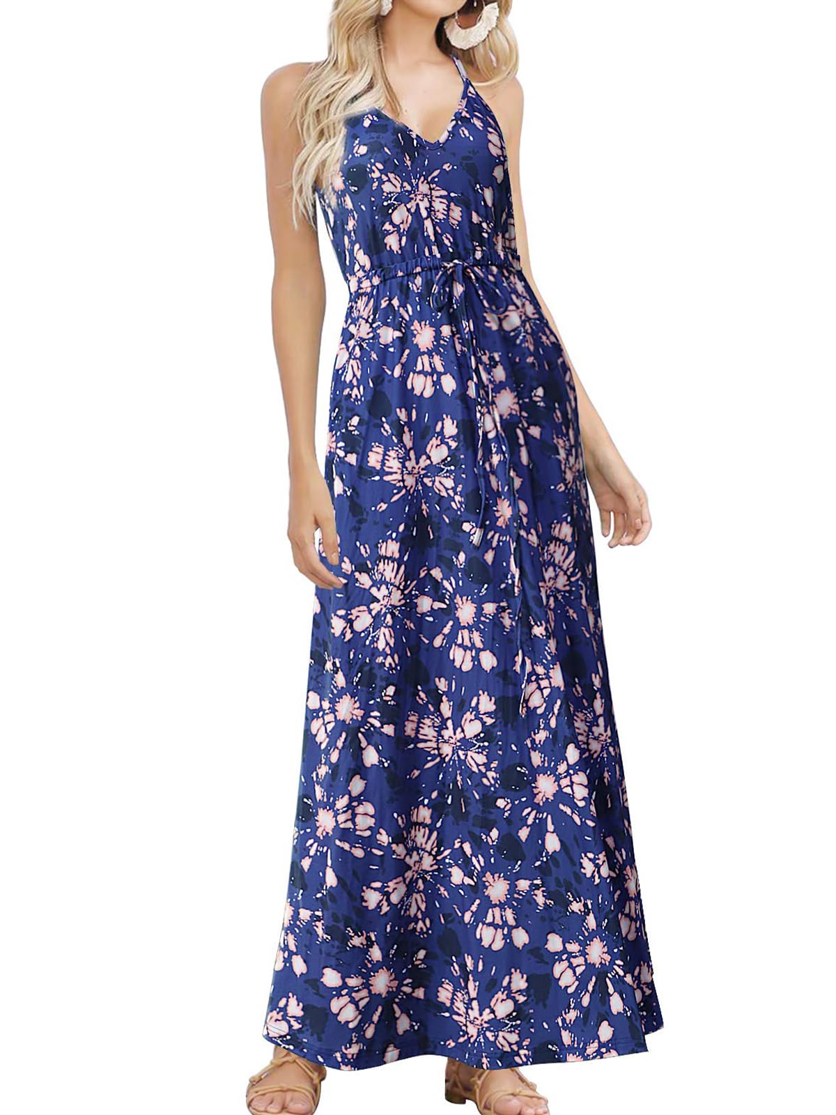 HUSKARY Women's Sleeveless V-Neck Spaghetti Strap Maxi Dress with Pockets - Flowy Boho Beach Dress for Tropical Summer Vacation, Pool Party & Casual Outings