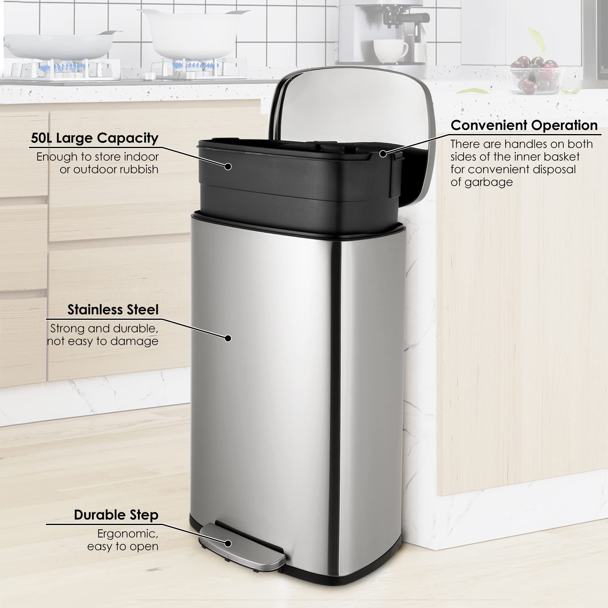 Premium Stainless Steel Trash Can with Silent Lid - 50L Durable Pedal Garbage Bin for Kitchen, Bathroom & Office - Odor-Proof Inner Bucket, Hands-Free Operation (Silver) - Perfect for Home, Restaurant & Commercial Use