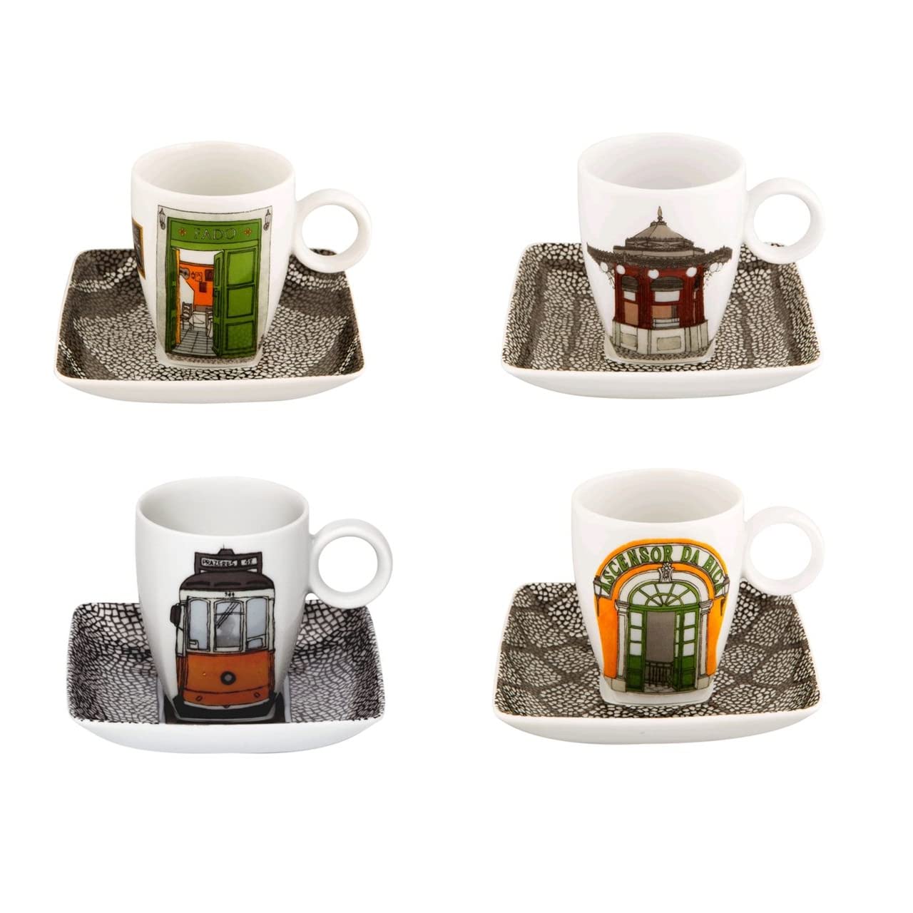 Vista Alegre Alma De Lisboa Coffee Cup and Saucer Set of 4 with Gift Box - Elegant Porcelain Tea Cups for Home, Cafe, and Wedding Gifts