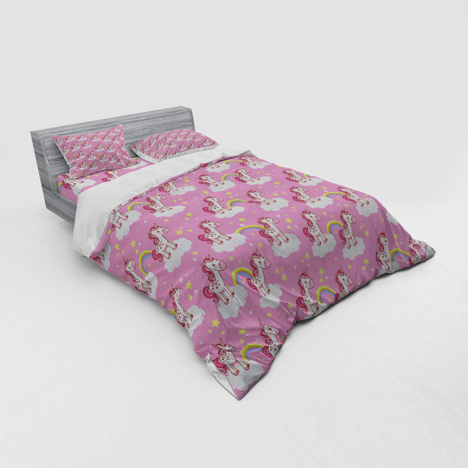 Ambesonne Cartoon Unicorn Duvet Cover Set - 3 Piece Queen Size Bedding with Sham & Fitted Sheet, Pink Skyline Print with Rainbows, Stars & Clouds in Yellow & White - Perfect for Kids' Room, Teen Bedroom & Fantasy Themed Decor