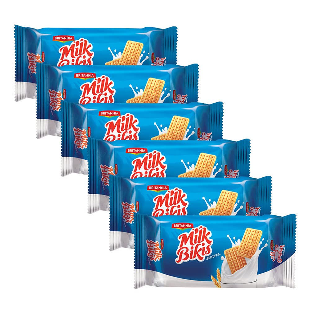 Britannia Milk Bikis Biscuits 3.17oz (90g) - Delicious Kids Breakfast & Tea Time Snacks - Pack of 6 - Perfect for School Lunchboxes, After-School Treats & Family Tea Parties