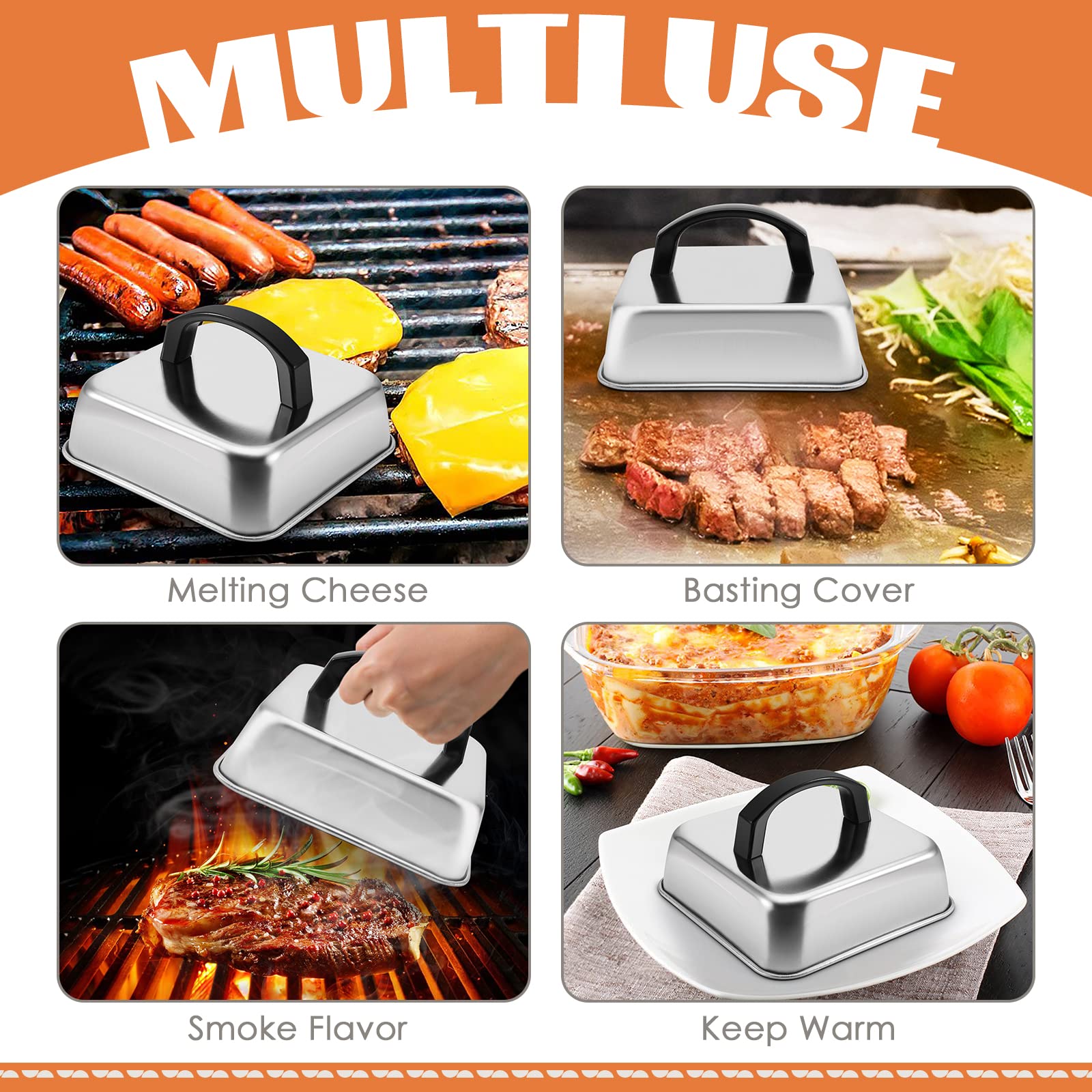 Joyfair Stainless Steel Melting Dome Set of 2 - 6.2 Inch Square Basting Cover for Griddle & Steaming Lid - Heavy Duty, Dishwasher Safe - Perfect for Outdoor BBQ, Flat Top Grill, Teppanyaki & Kitchen Cooking - Ideal for Melting Cheese, Steaming Burgers & Locking in Flavors