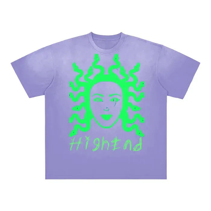 Premium Vintage Medusa Print T-Shirt - Distressed Washed Faded Gradient Design (Blue, Gray, Purple) | 250 GSM Heavy Cotton | Streetwear, Gothic Fashion & Retro Style Outfits