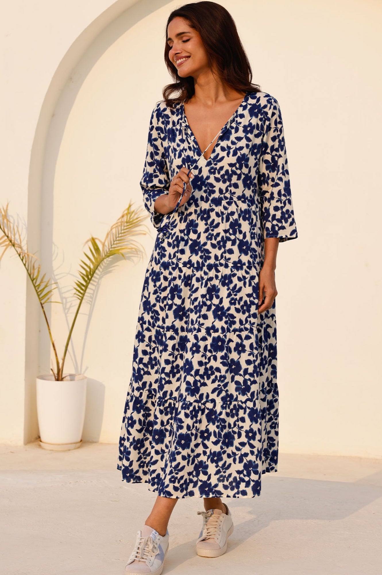 Emma EcoVero™ Midi Dress - Blossom Cream/Navy | Sustainable Women's Floral Summer Dress for Casual Wear, Beach & Outdoor Activities