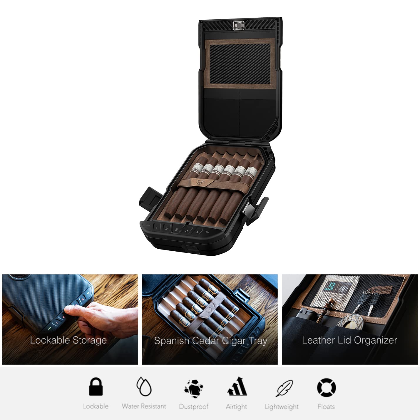 VAULTEK LifePod Humidor Cigar Lock Box - Waterproof Travel Case with Electronic Keypad | Portable Cigar Storage for Travel, Camping & Outdoor Adventures | Rugged Security Box with Backlit Keypad (Black)