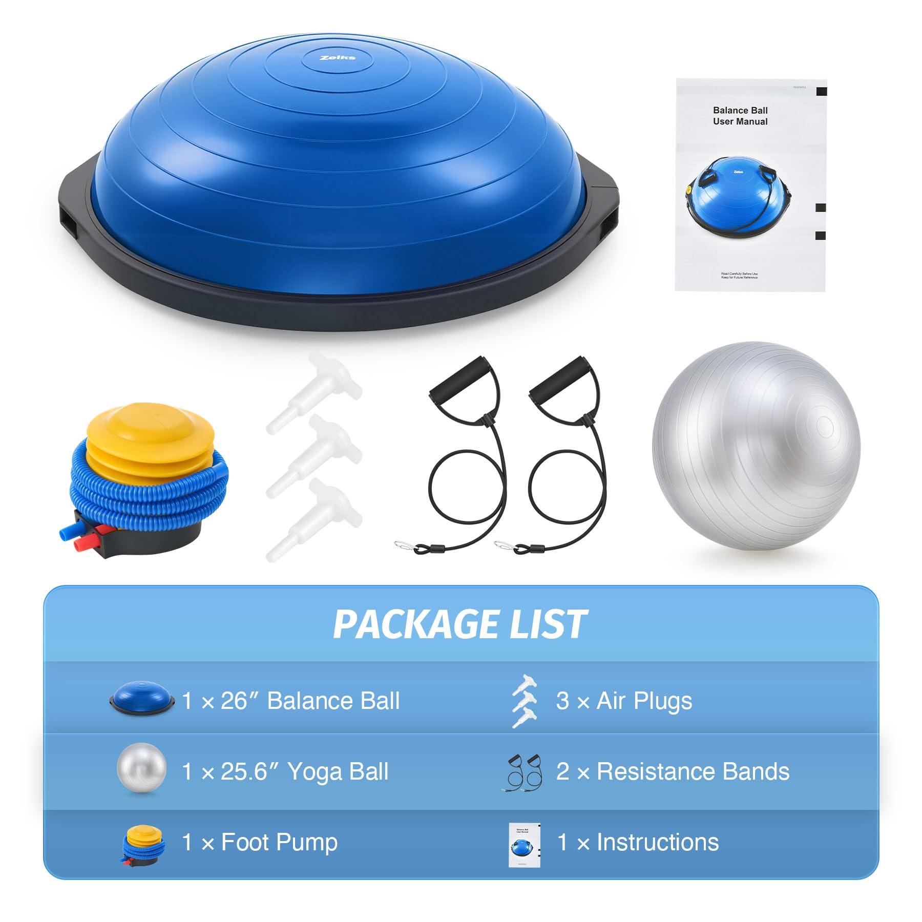 ZELUS 25 Inch Balance Ball - 660lb Capacity Inflatable Half Exercise Ball with Non-Slip Base | Wobble Board Balance Trainer for Core Strength & Stability | Includes 2 Resistance Bands, Pump & Extra Ball | Perfect for Yoga, Pilates, Home Gym & Physical Therapy Workouts