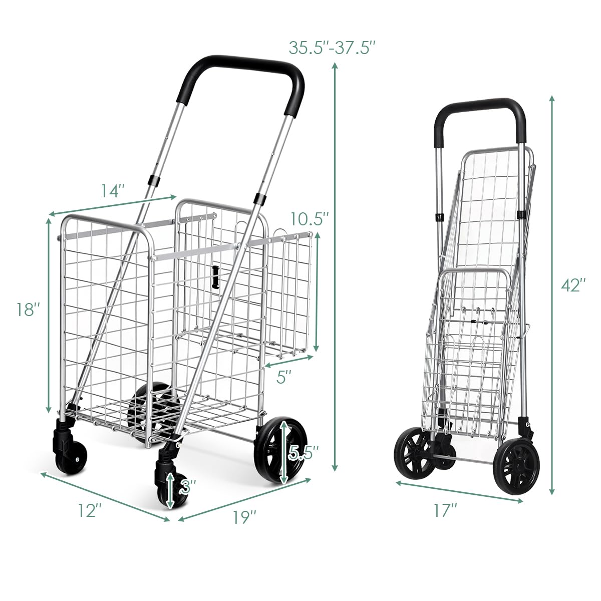 Byroce Utility Folding Shopping Cart - Lightweight Grocery Trolley with Handle, Swivel Wheels & Dual Storage Baskets - Perfect for Supermarket, Laundry, Books, Travel & Luggage (Silver)