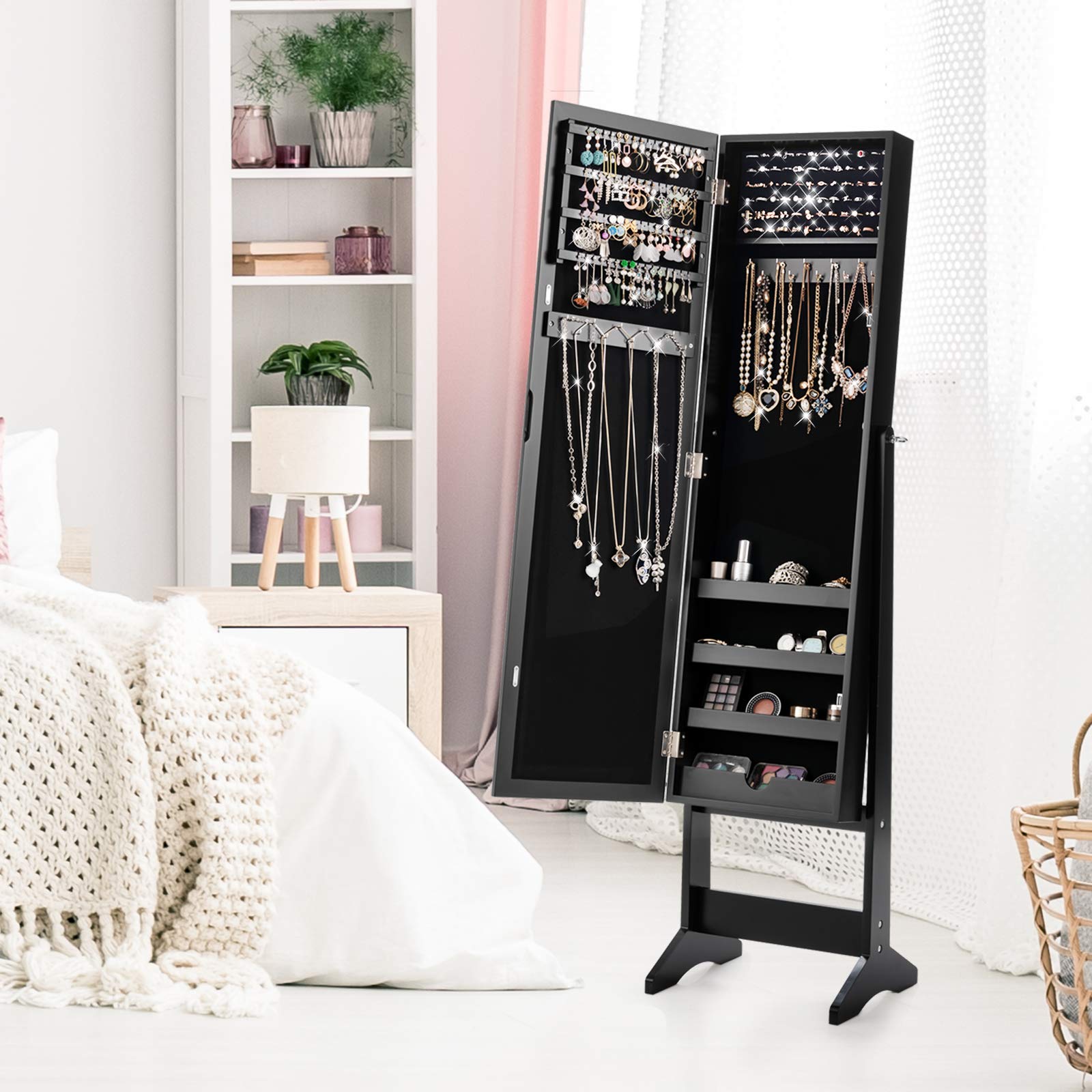 GOFLAME Jewelry Cabinet Organizer with Full Length Mirror Door - Freestanding Makeup Mirror Storage with Large Capacity for Necklaces, Rings & Accessories - Perfect for Bedroom, Closet & Dressing Room (Black)