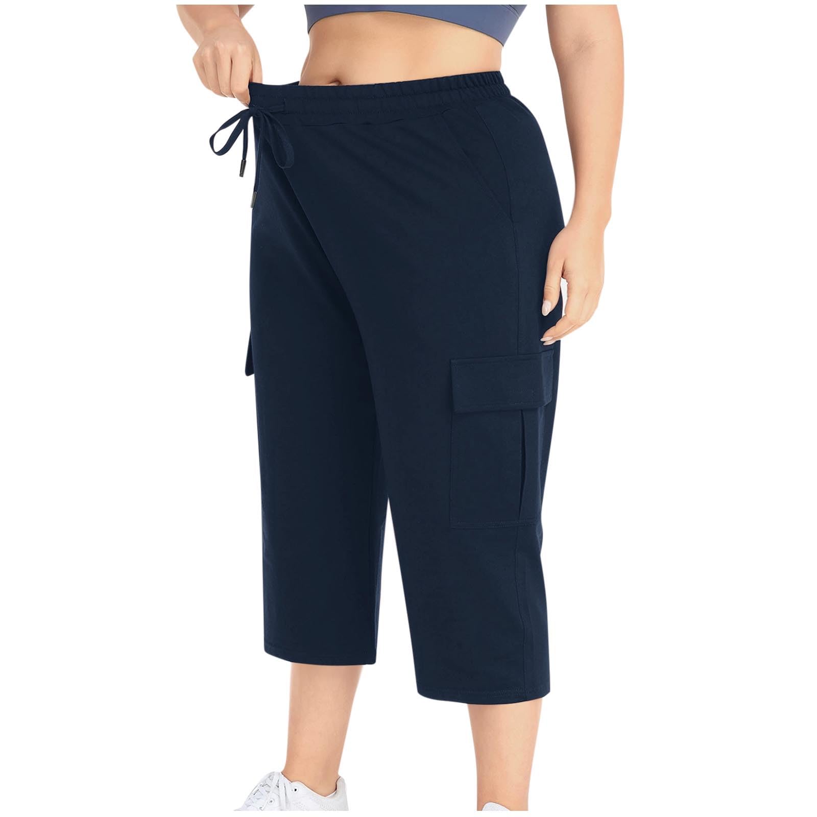 Plus Size Women's Capri Pants with Elastic Waist & Drawstring - Casual Straight Leg Cargo Pants with Pockets - Comfortable Loose Fit for Travel, Hiking & Everyday Wear