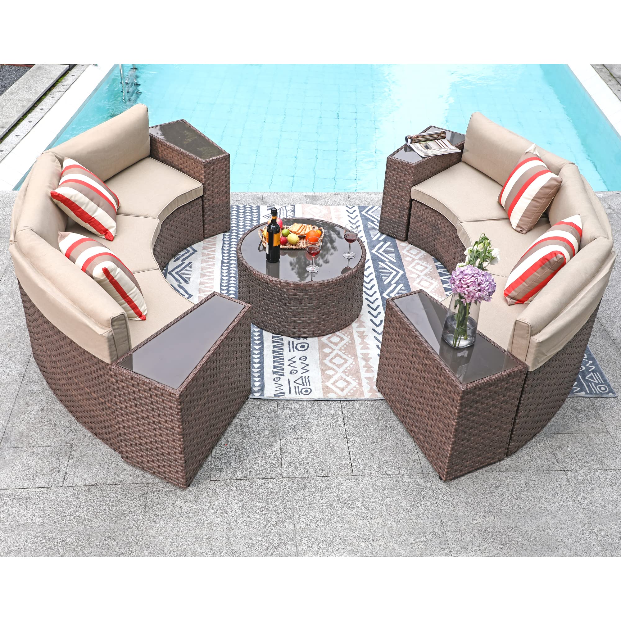 11-Piece Patio Furniture Set - Half Moon Outdoor Sectional Sofa with Round Coffee Table, Brown PE Wicker & Beige Cushions - Perfect for Backyard, Garden, Poolside & Patio Relaxation