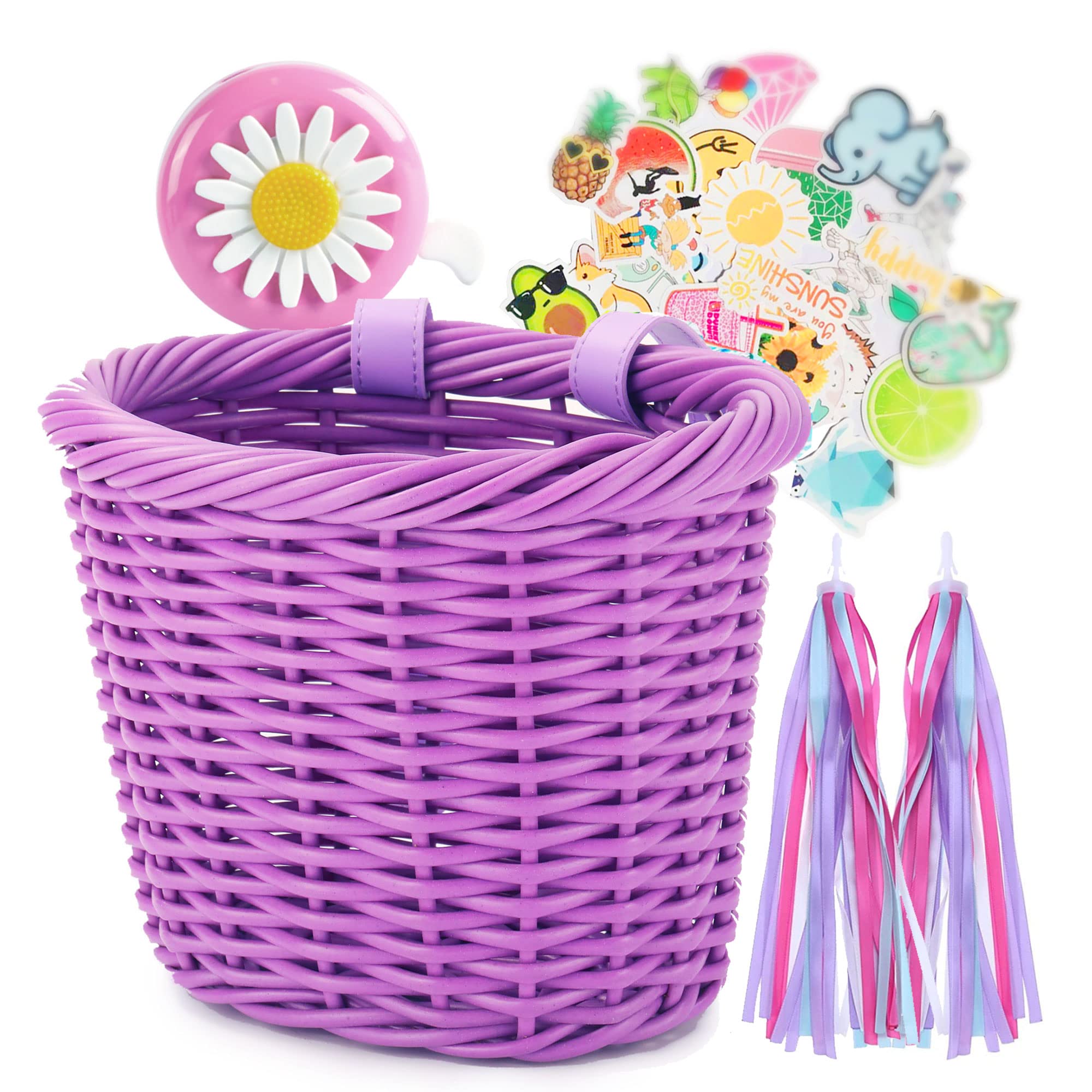 Girls Bike Basket - Front Woven Wicker Bicycle Basket with Handlebar Streamers & Bell - Cruiser Bike Accessories for Kids Ages 3-13 - Perfect for School, Park Rides & Family Cycling Adventures