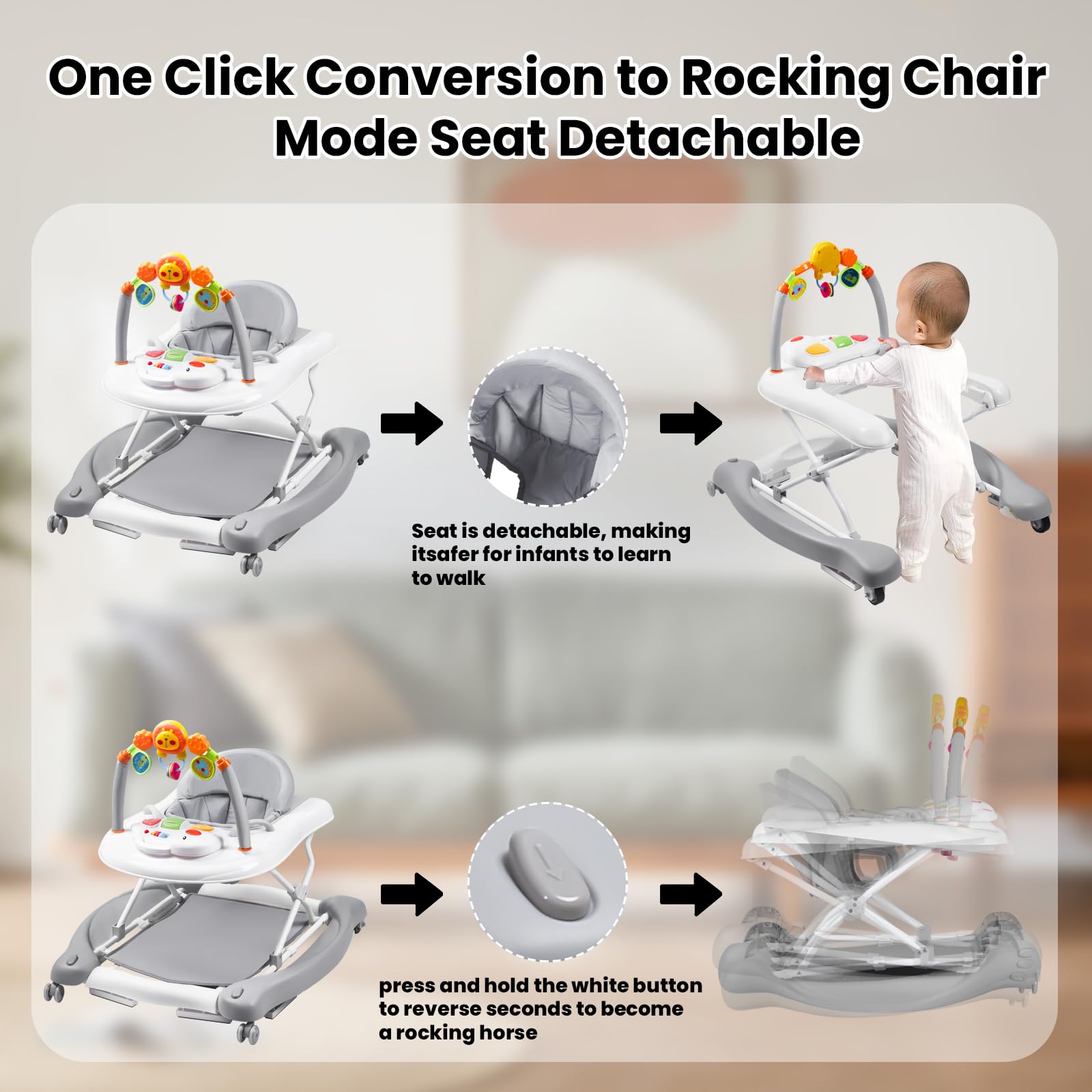 5-in-1 Baby Walker for Boys & Girls 6-18 Months - Adjustable Foldable Activity Walker with Bouncer, Removable Footrest, Feeding Tray & Music Toys - Perfect for Learning to Walk, Playtime & Mealtime at Home or Daycare