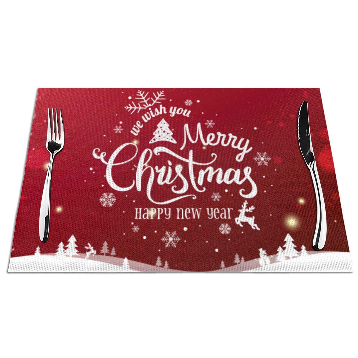 Festive Christmas Placemats Set - Red Background with White Merry Christmas & Happy New Year Design, Winter Snowflake & Tree Patterns, Heat-Resistant Table Mats for Holiday Dining Decor - Perfect for Christmas Dinner, New Year Party & Winter Home Decoration