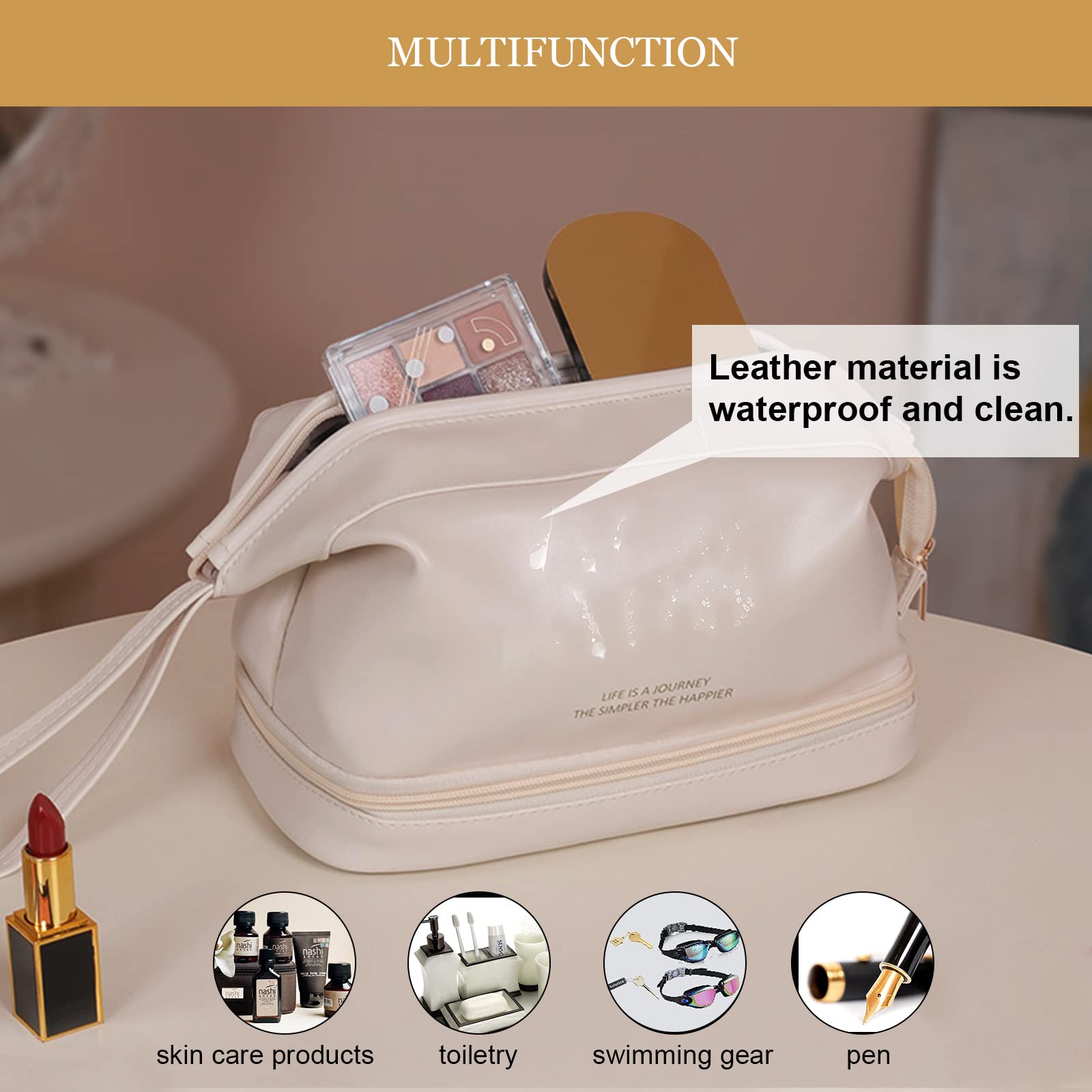 **Abiudeng Large Waterproof Makeup Bag for Women - Travel Cosmetic Organizer with Bottom Pouch, Cute Toiletry Bag for Makeup Essentials | Perfect for Travel, Gym & Daily Use**