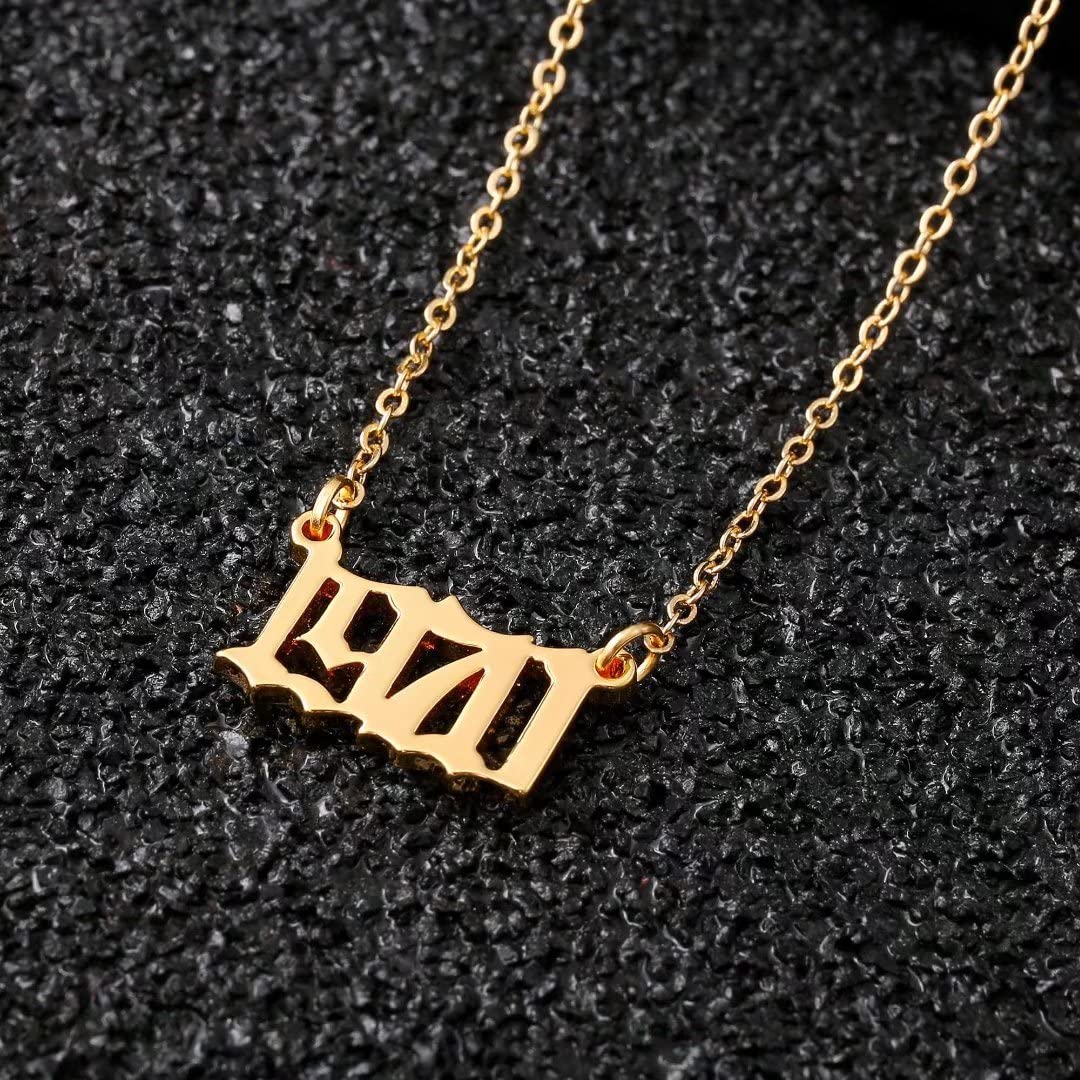 18K Gold Plated Old English Birth Year Necklace for Women - Personalized Number Pendant Jewelry Gift (1970-2021) | Birthday, Anniversary, Mother's Day Present | Perfect for Special Occasions & Everyday Wear