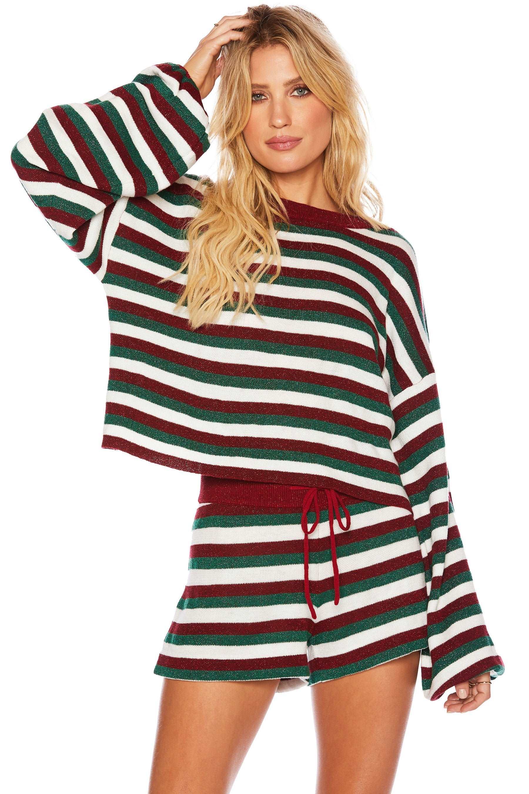 Beach Riot Women's Balboa Lounge Shorts - Festive Striped Red & Green Holiday Swimwear Cover Up for Pool, Beach & Summer Vacations