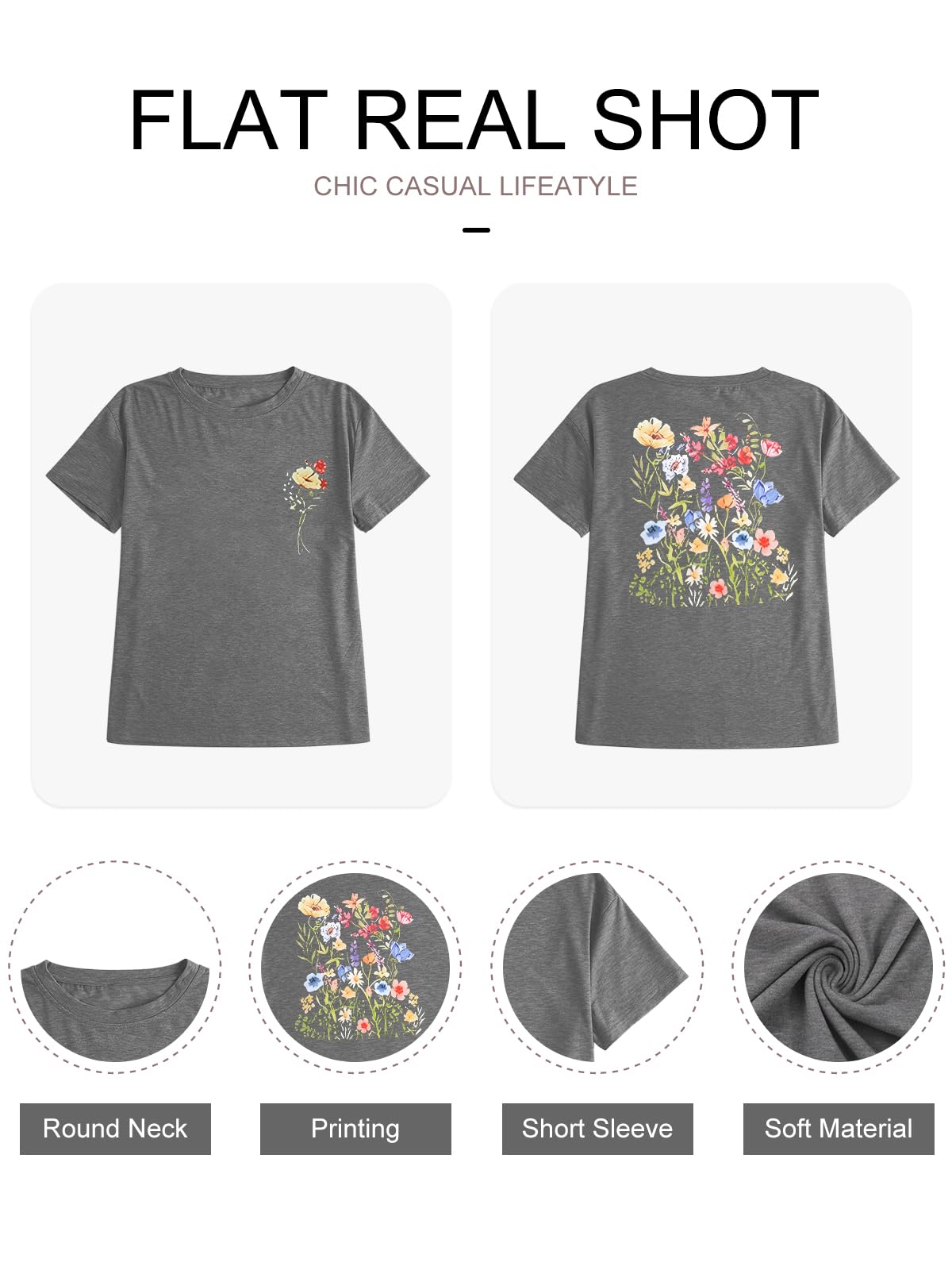 Anbech Women's Boho Wildflowers Print Short Sleeve T-Shirt - Loose Fit Botanical Graphic Tee for Casual Wear & Summer Outfits