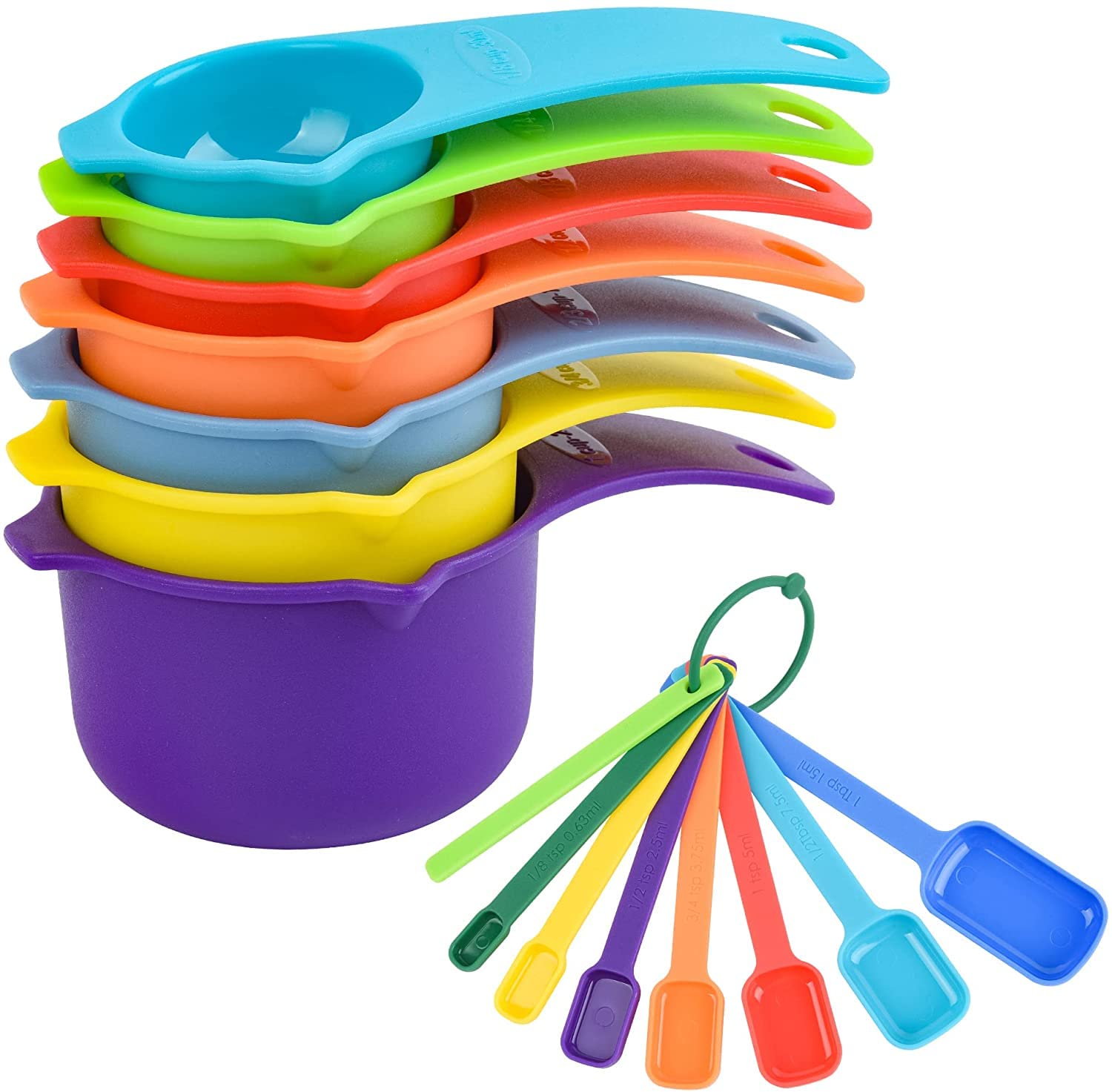 Smithcraft 15-Piece Plastic Measuring Cups and Spoons Set for Baking & Cooking - 7 Measuring Cups, 7 Spoons + 1 Leveler - Colorful Kitchen Measuring Tools for Baking, Meal Prep & Home Cooking