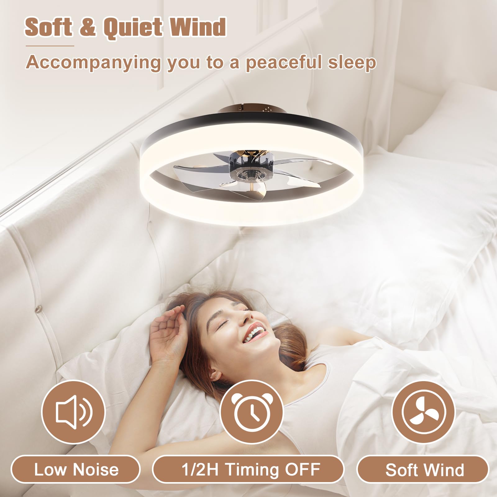 VOLISUN 15.7in Bladeless LED Ceiling Fan with Light & Remote - Modern Flush Mount for Bedroom