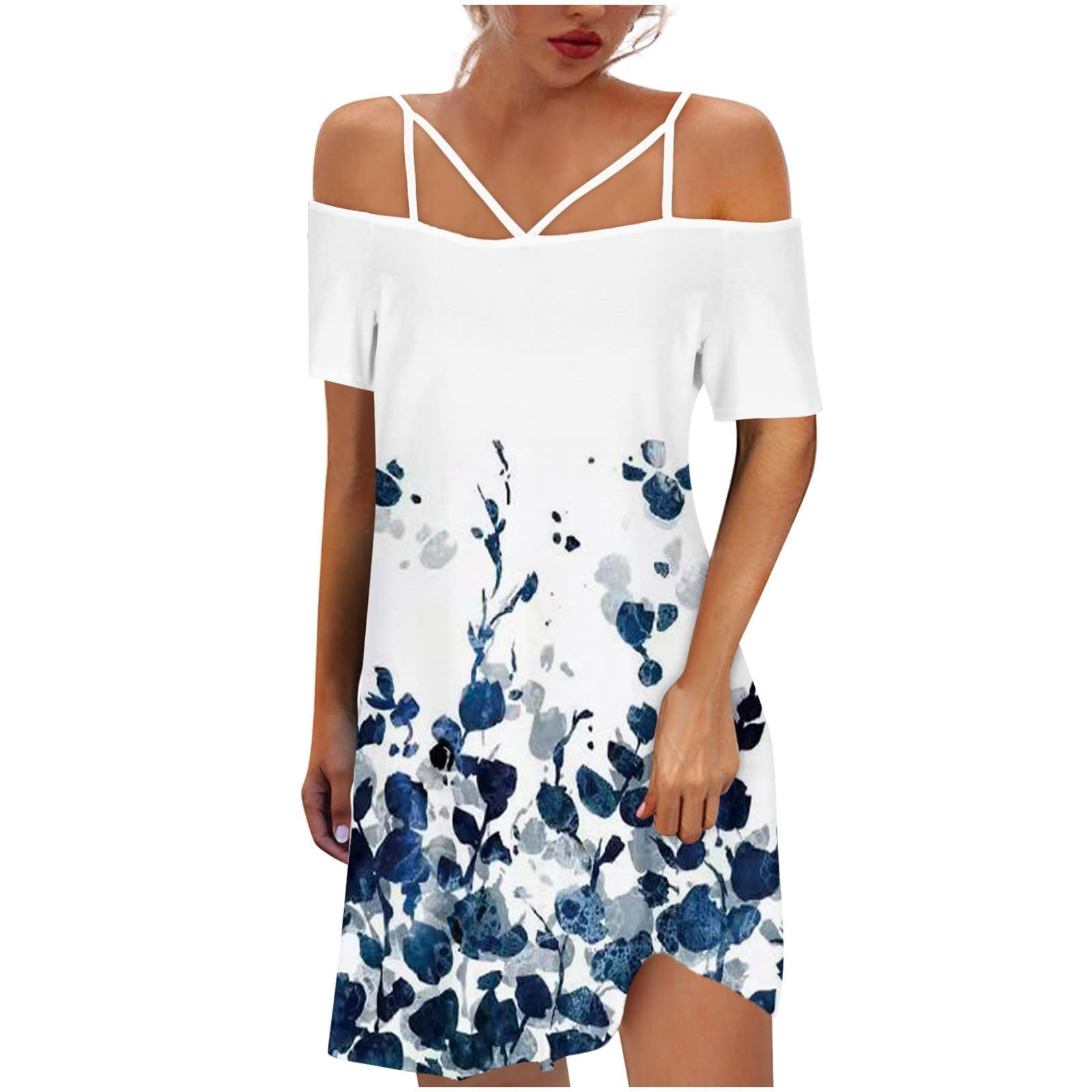 HAOREEKZ Women's Spaghetti Strap Mini Dress - Sexy Off Shoulder Summer Dress with Adjustable Straps & Fashion Print | Perfect for Beach Vacation, Date Night & Party Outfits