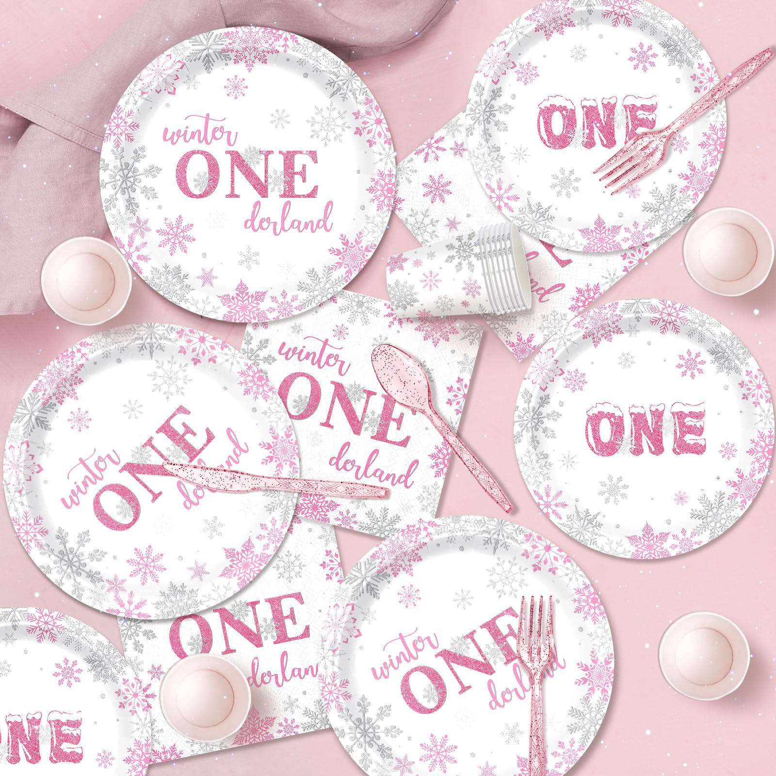 168-Piece Winter Onederland Party Supplies Set - Pink & Silver Snowflake Disposable Tableware (Plates, Napkins, Paper Cups) for 1st Birthday Party - Serves 24 Guests - Perfect for Girls' Birthday Celebrations, Baby Showers & Winter-Themed Events