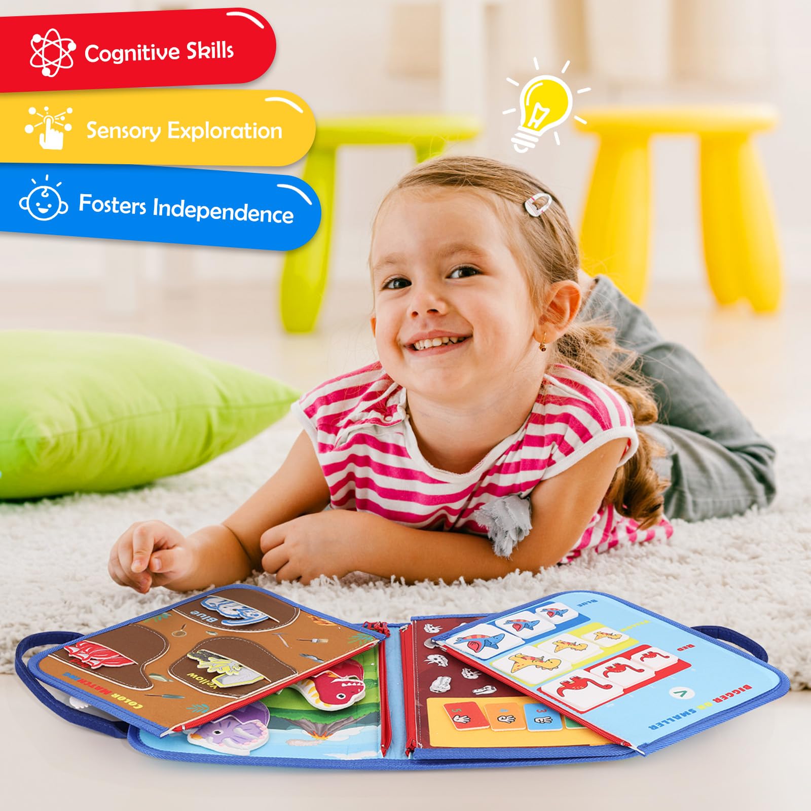 Dinosaur Busy Board - Montessori Sensory Toys for 3 4 5 Year Old Kids, Learning Activity Board for Toddlers with Autism, Fine Motor Skills Development Toy | Perfect Travel Toy for Airplane, Car & Road Trips
