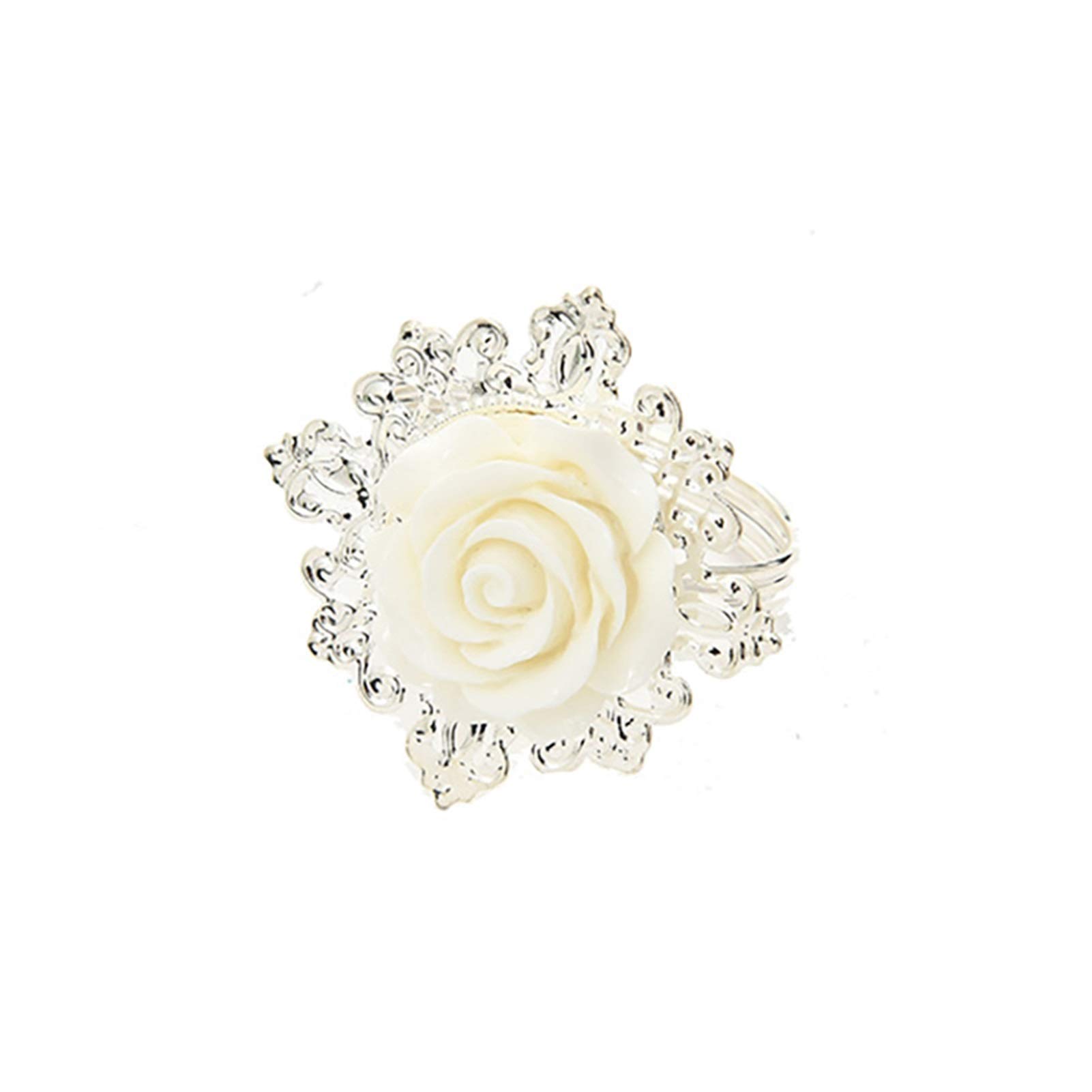 10-Piece Rose Silver Napkin Rings Set - Elegant Wedding Party Table Decorations, Romantic Flower Napkin Holders for Dining, Anniversary & Special Occasions (White)