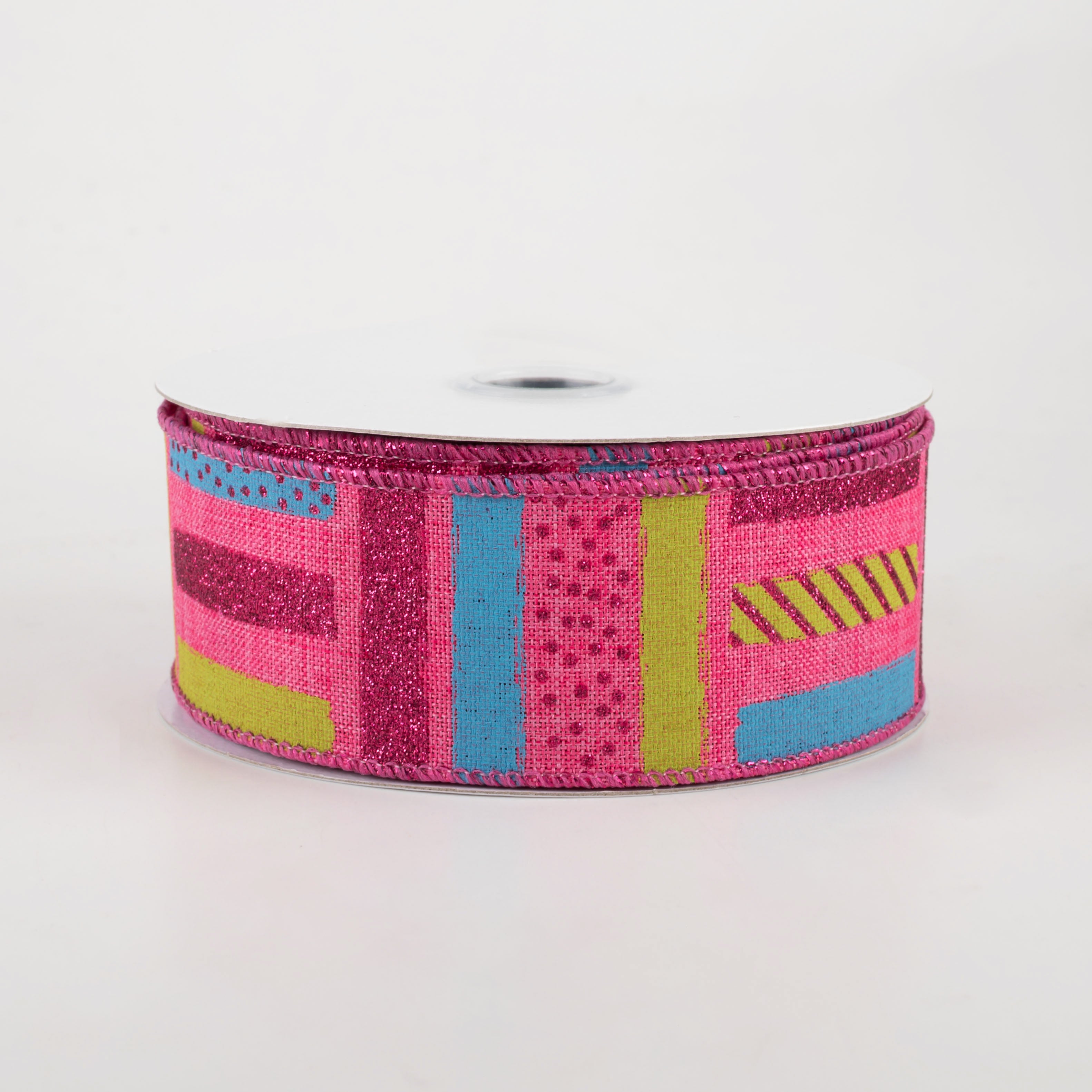 1.5 Inch Brush Stroke Stripes & Dots Ribbon - Hot Pink, Turquoise, Lime (10 Yards) - Perfect for Gift Wrapping, DIY Crafts, Scrapbooking and Party Decorations