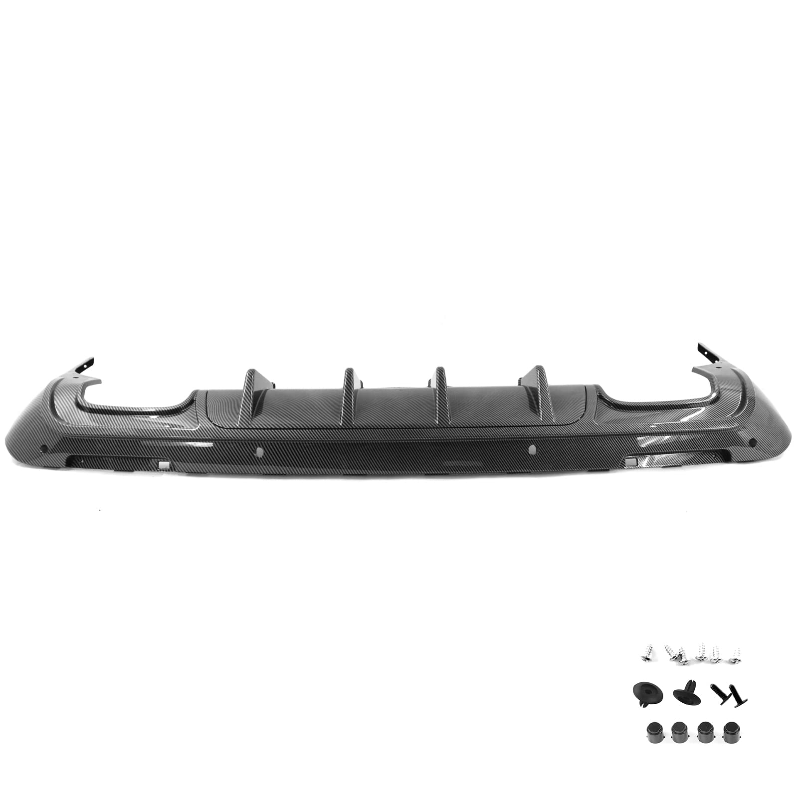 IKON MOTORSPORTS V3 Style Rear Diffuser for 2015-2023 Dodge Challenger - Carbon Fiber Print PP Bumper Lip Spoiler with Shark Fins | Aggressive Styling Upgrade for Street Racing & Car Shows