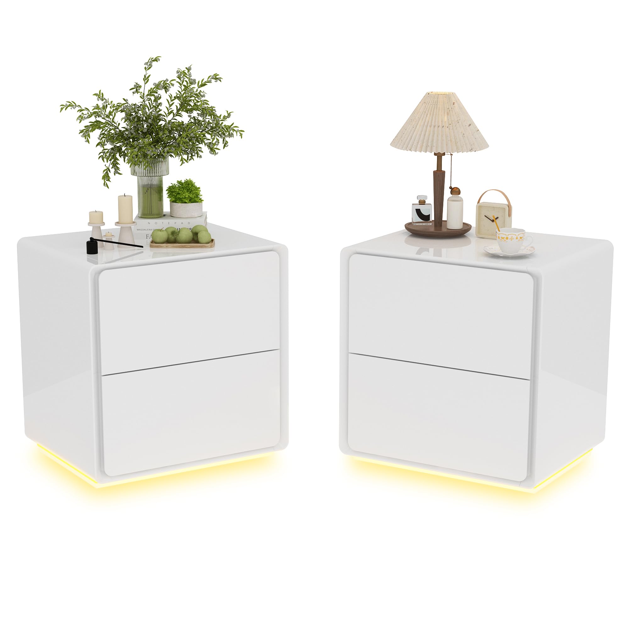 Homsee Nightstand Set of 2 - Modern White Bedside Tables with 2 Drawers & Built-in Light, Round Edge End Tables for Bedroom & Living Room (19.6”L x 15.7”W x 20”H) - Perfect for Small Spaces, Apartment Decor & Guest Rooms
