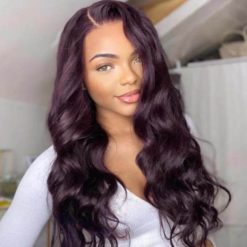 Eullair Glueless Dark Purple Plum Straight Human Hair Wig - Body Wave Lace Frontal Wigs for Women | Natural Look for Daily Wear, Cosplay & Special Occasions