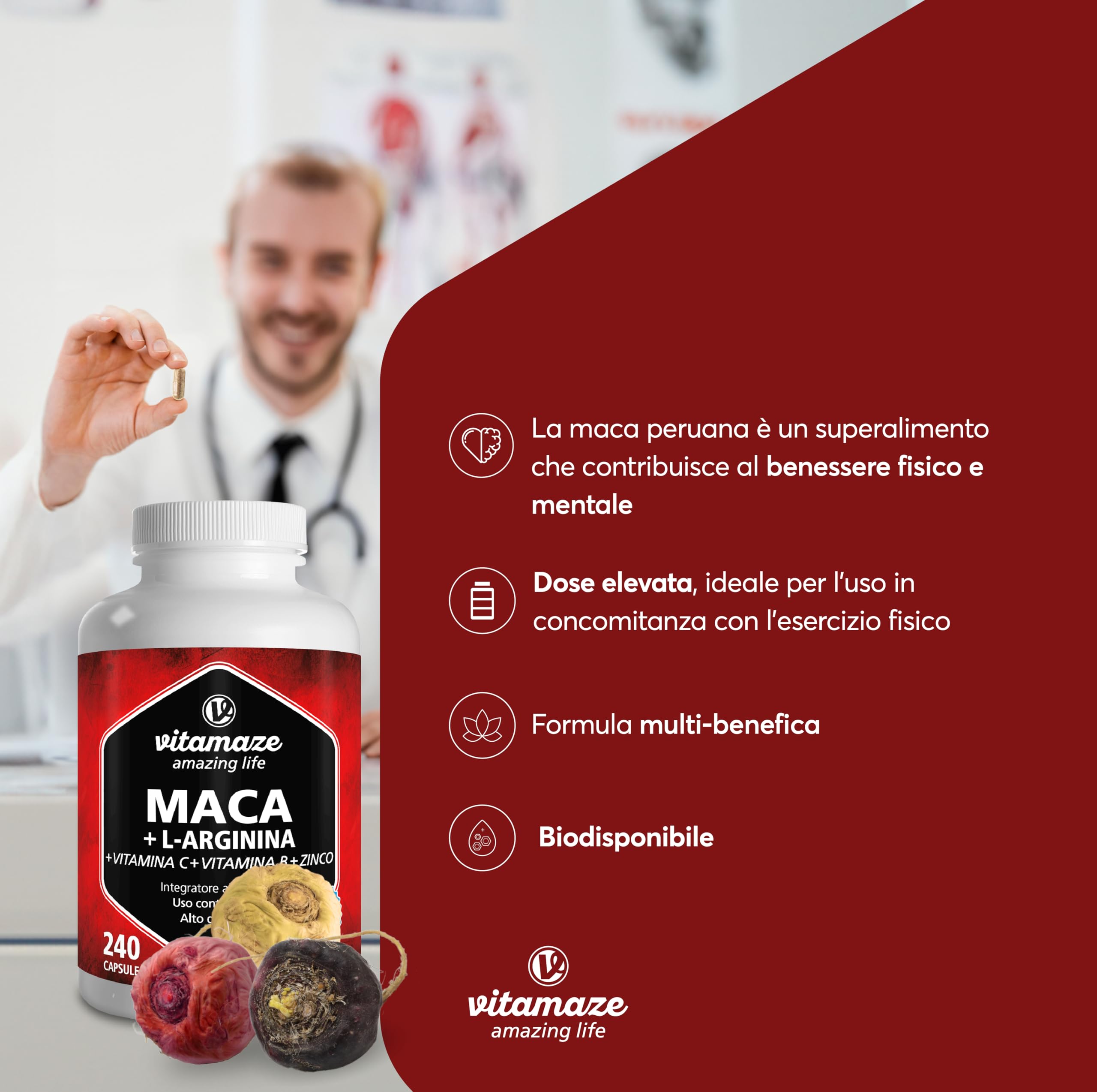 Vitamaze Maca (Black Maca) 4000mg with L-Arginine 1800mg + Vitamin C, B6, B12 & Zinc, 240 Capsules - Peruvian Maca Root from Andes, German Quality, No Additives - Boost Energy, Stamina & Libido for Men & Women