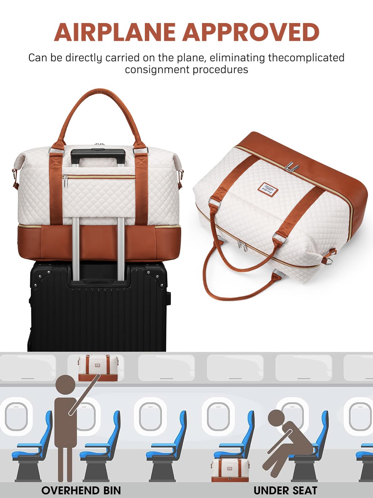 Women's Travel Weekender Duffle Bag with Shoe Compartment & Wet Pocket - Large Carry-On Overnight Bag with Toiletry Organizer - Perfect for Weekend Getaways, Hospital Visits, and Labor Delivery (Beige Brown)