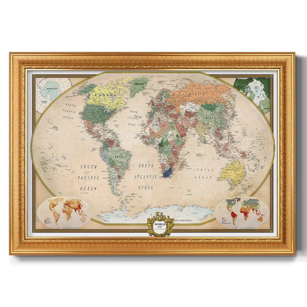 Vintage Gold Framed Colorful World Map Canvas Wall Art - Push Pin Travel Map for Home, Office & Classroom Decor - Perfect for Travel Enthusiasts & Geography Lovers