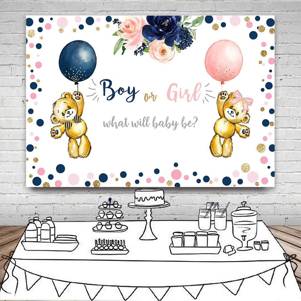 Gender Reveal Party Backdrop - 7x5ft Navy Blue & Blush Pink Floral Stuffed Bear Balloon Background for Baby Shower, Cake Table Decor, Photo Booth Props - Perfect for Gender Announcement Celebrations