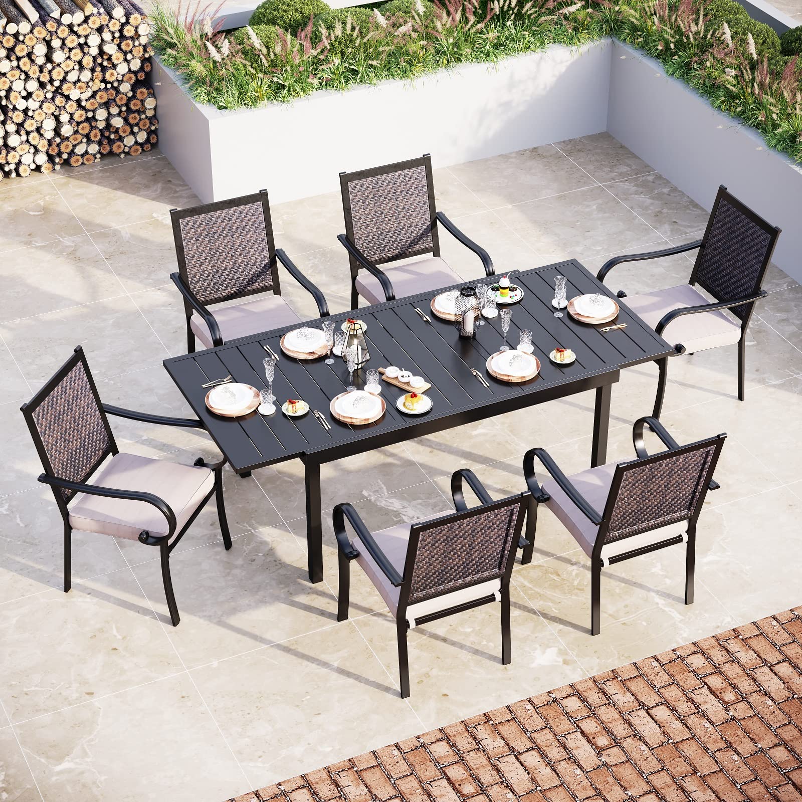 Sophia & William 7-Piece Outdoor Dining Set - Weather-Resistant Rattan Wicker Patio Furniture with Expandable Metal Table & 6 Cushioned Chairs for Garden, Backyard, Lawn - Perfect for Al Fresco Dining, BBQ Parties & Outdoor Entertaining