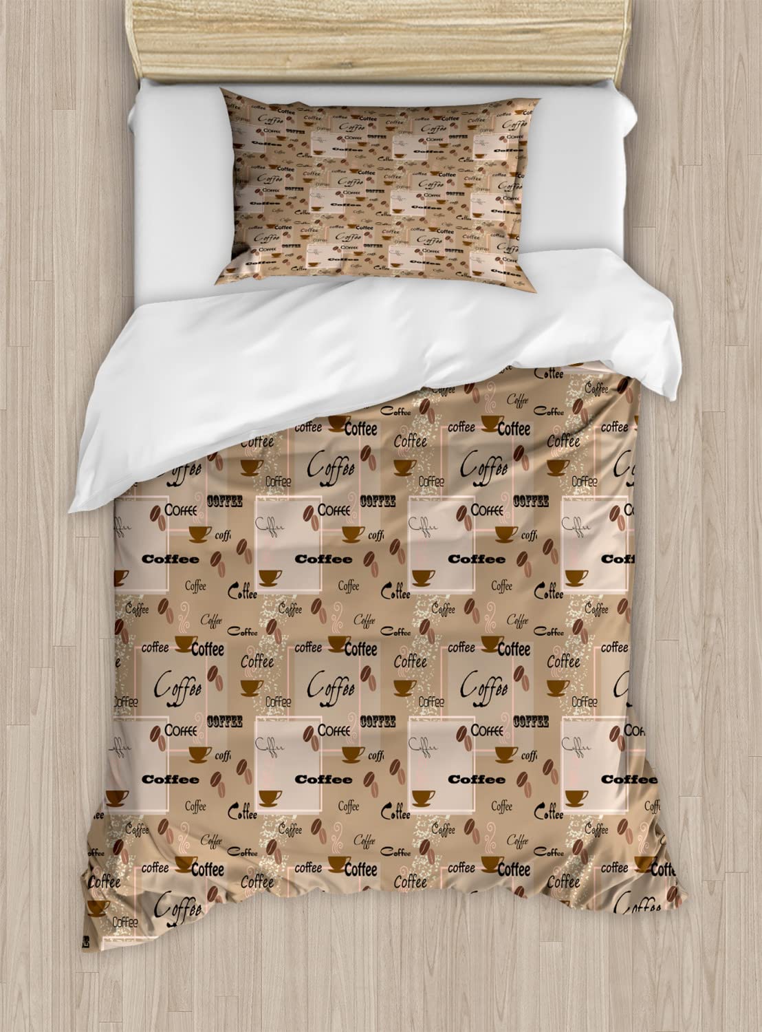 Ambesonne Coffee Lover Duvet Cover Set - Vintage Abstract Coffee Beans & Cups Design with 2 Duvet Covers & 2 Pillowcases, Twin Size Bedding Set in Pale Brown & Black - Perfect for Coffee Themed Bedrooms & Gift for Baristas