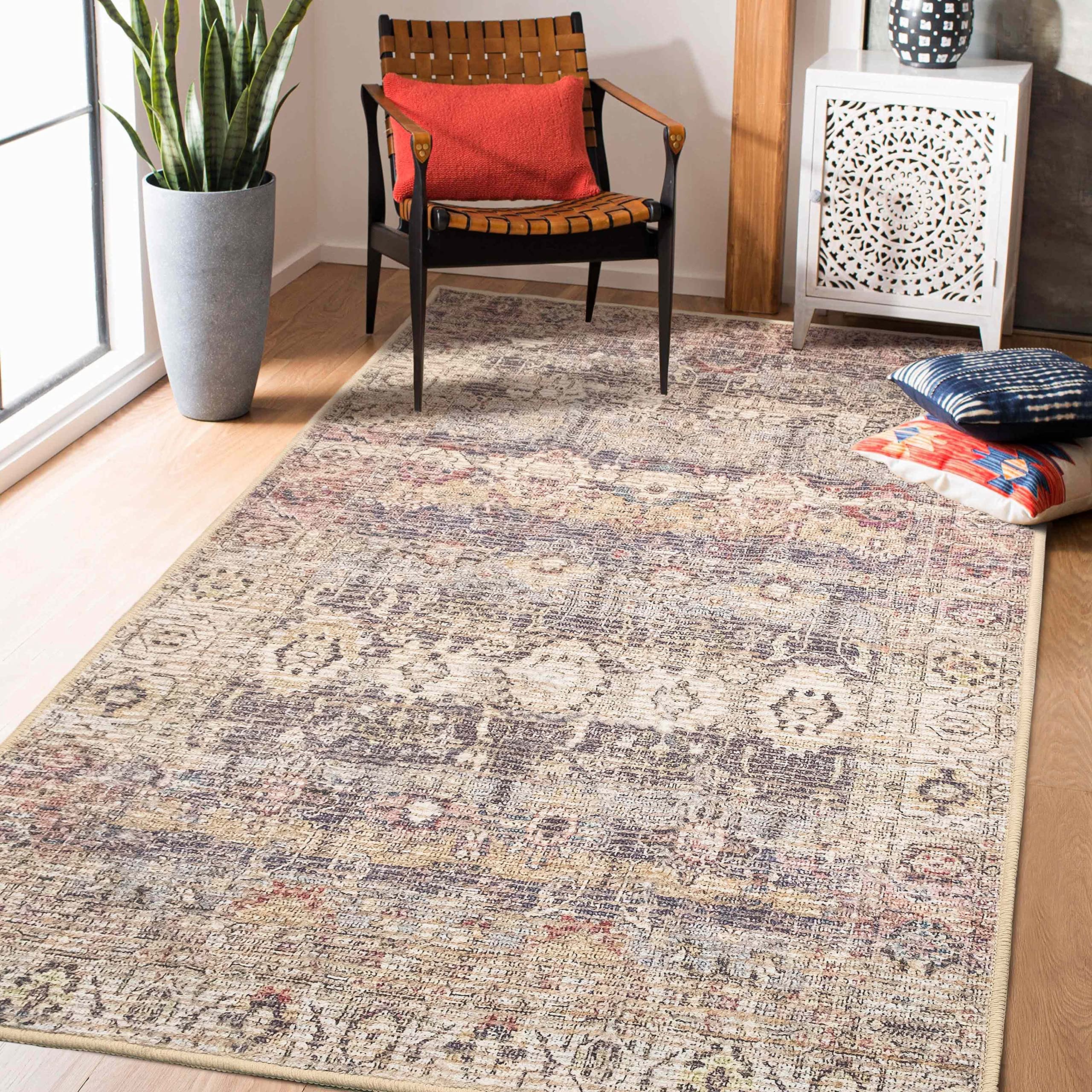 RORA Machine Washable Vintage Distressed Boho Runner Rug 3x5 - Non-Slip Entryway Rug for Living Room, Bedroom, Hallway | Perfect for High-Traffic Areas & Boho Home Decor