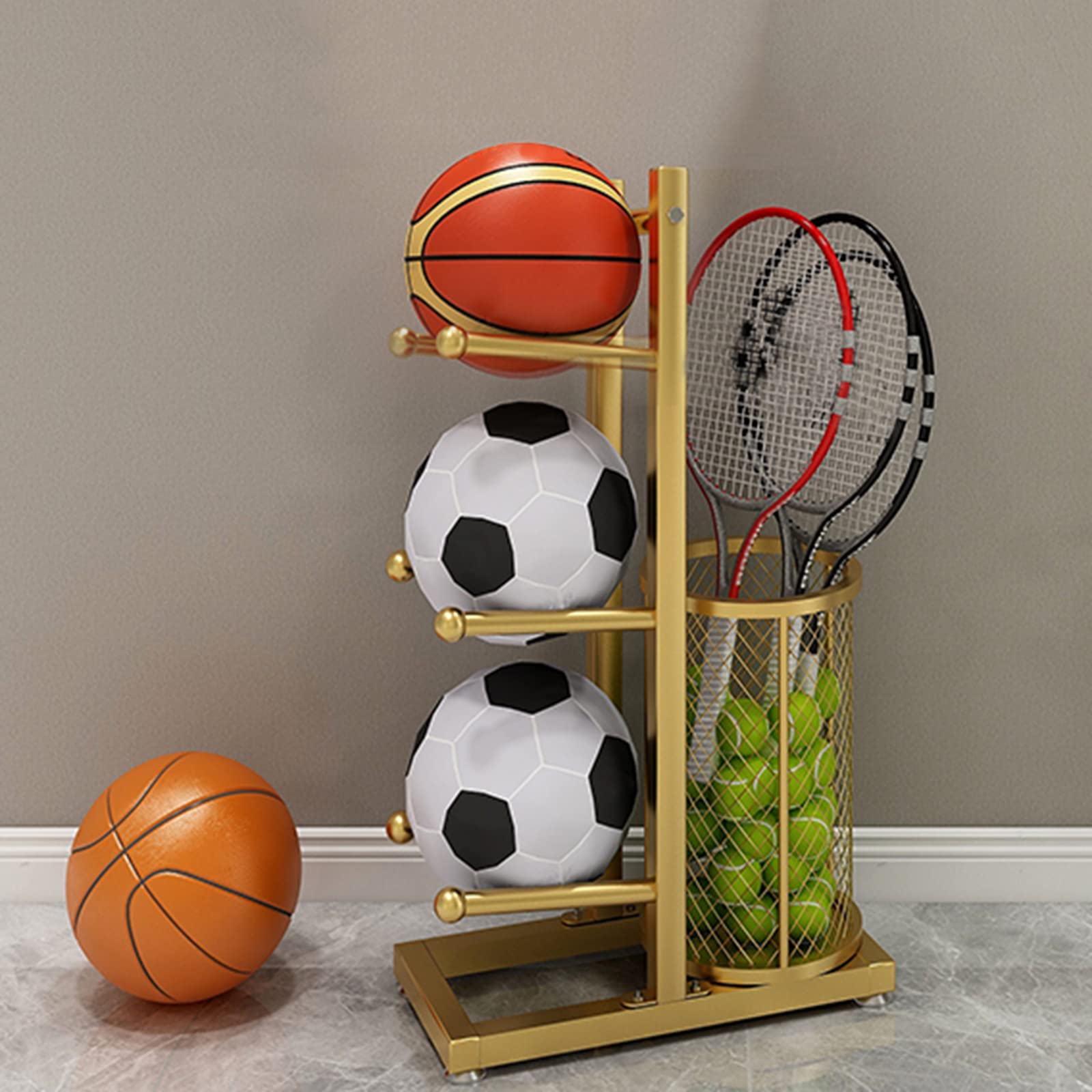 JHSLXD Multi-Layer Sports Equipment Storage Rack - Basketball, Football & Volleyball Display Stand - Heavy Duty Metal Iron Organizer (85CM, Gold) - Perfect for Gym, Sports Club & Home Organization