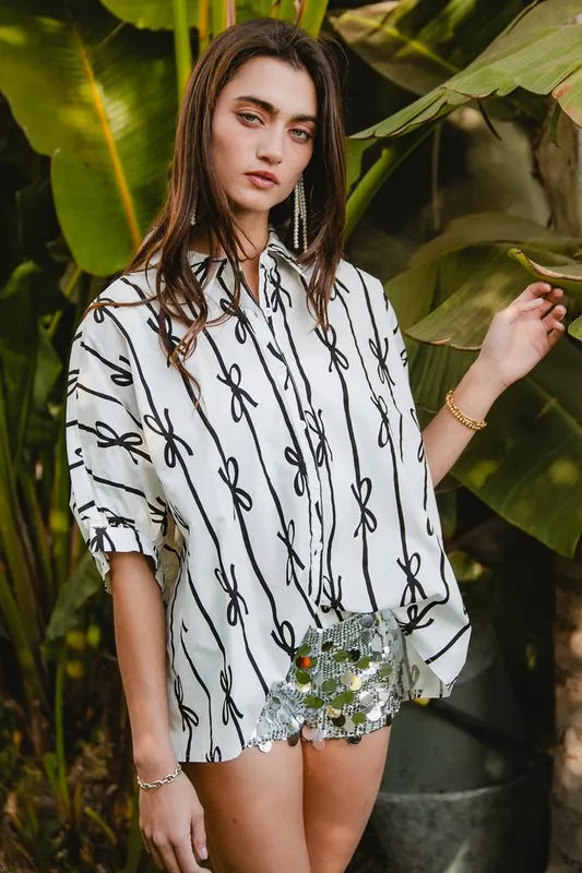 BiBi Bow Ribbon Woven Printed Button Down Shirt for Women - Stylish Casual Blouse for Office, Date Night & Spring Outfits