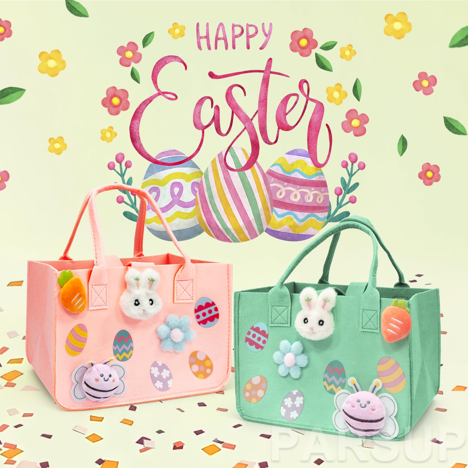 PARSUP 2PCS Easter Egg Hunt Bags with Handles - Happy Easter Bunny Gift Bags for Treats, Felt Easter Party Supplies for Egg Hunt Games & Gift Wrapping, 12
