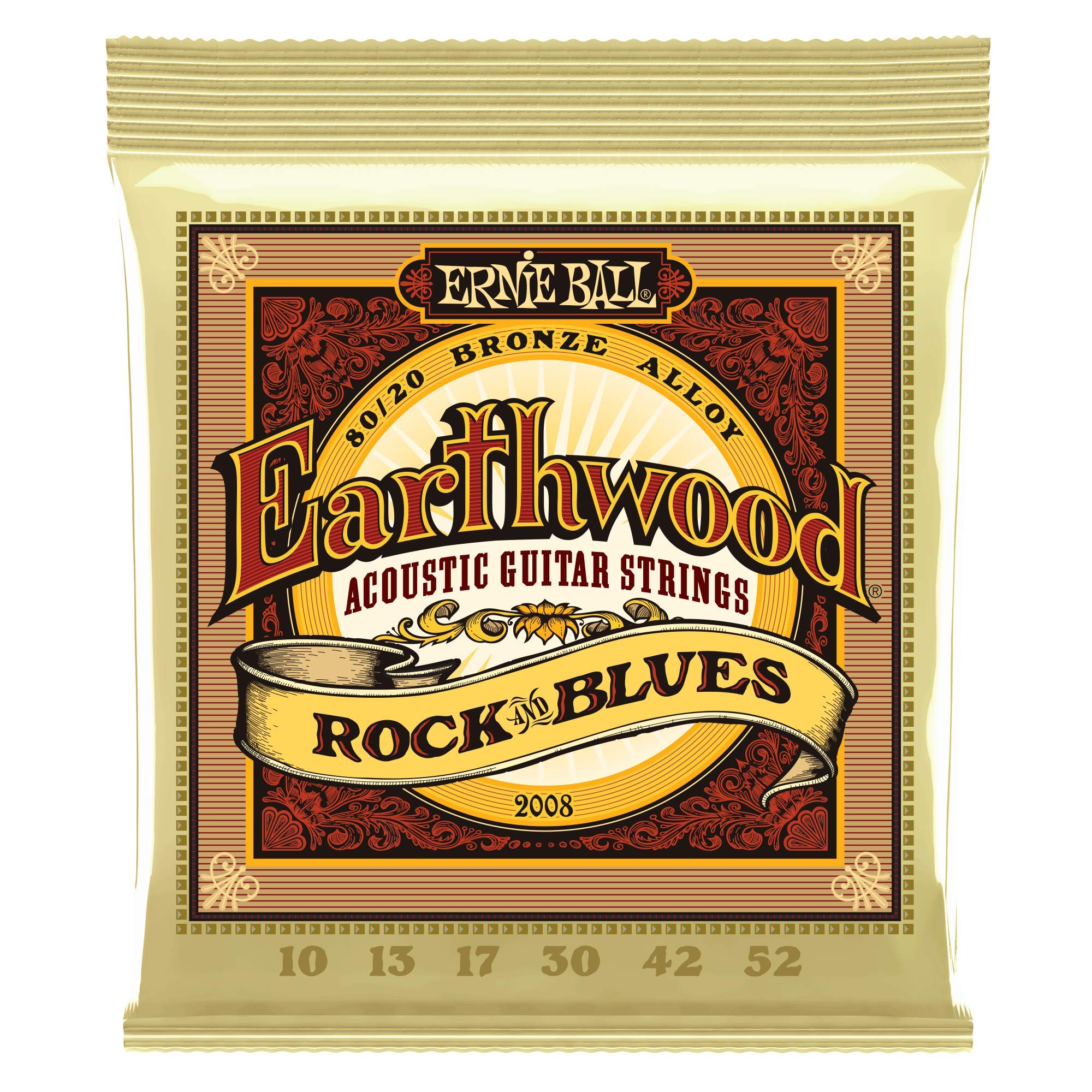6-Pack Ernie Ball 2008 80/20 Bronze Acoustic Guitar Strings 10-52 Gauge for Rock & Blues - Perfect for Studio Recording & Live Performances