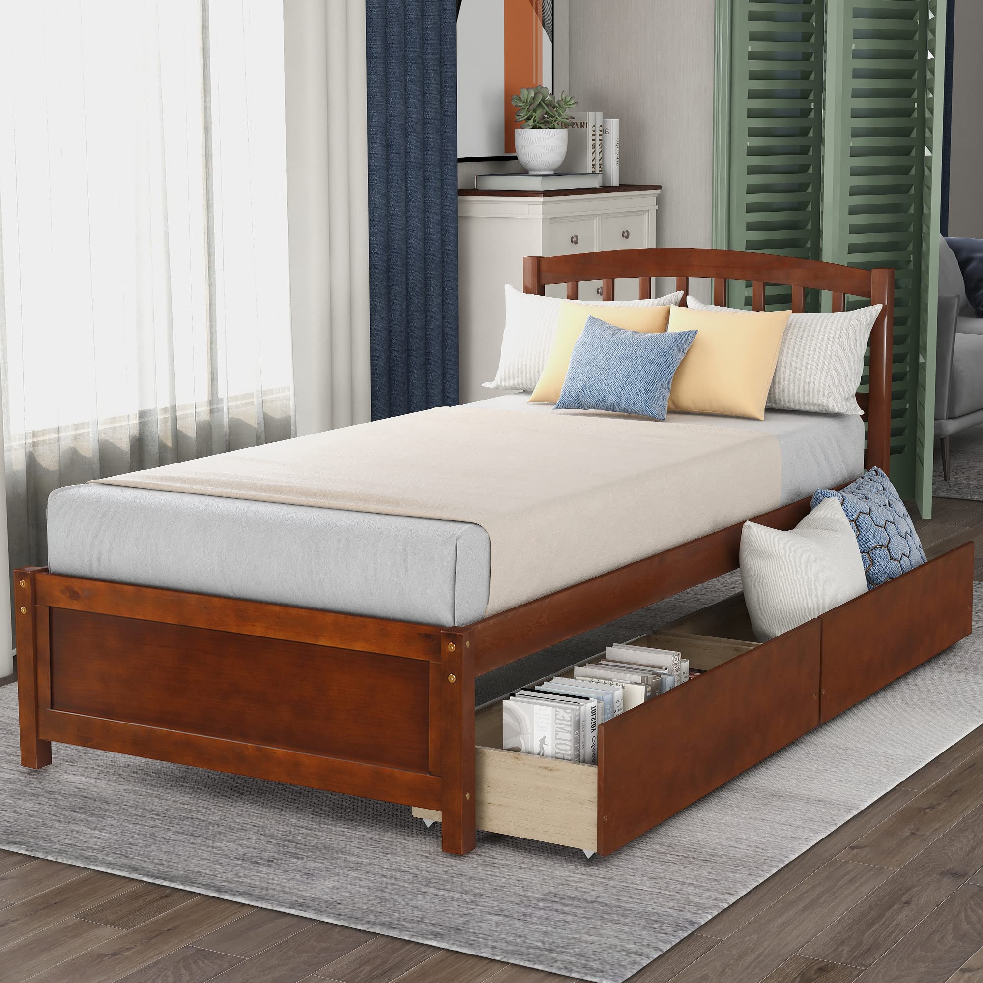 Harper & Bright Designs Solid Wood Twin Size Platform Bed with 2 Storage Drawers & Headboard - Sturdy Slat Support Frame for Teens & Adults (Walnut Finish) | Perfect for Small Bedrooms, Dorm Rooms & Space-Saving Storage Solutions