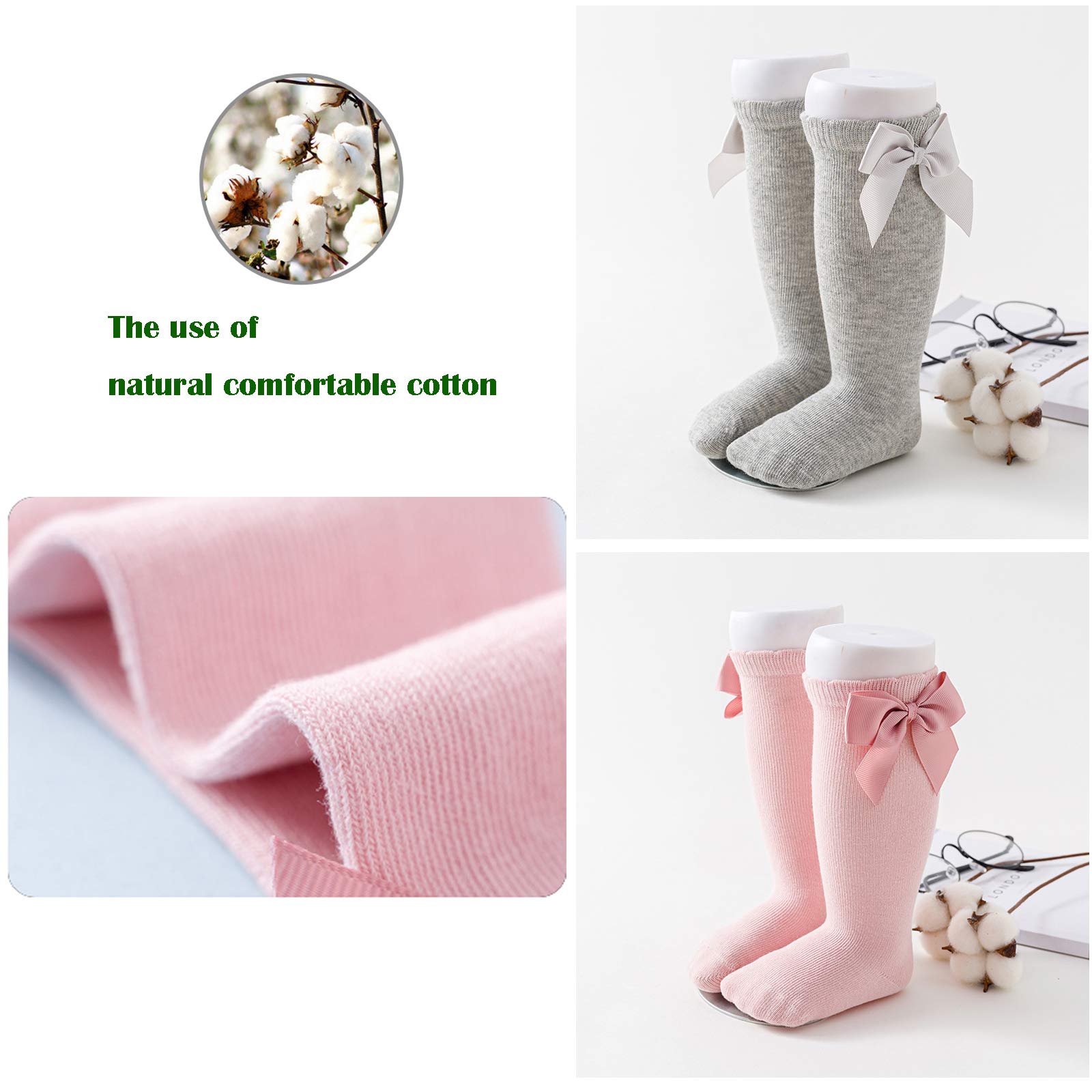 **Baby Girls Knee High Socks with Bows - Soft Cotton Knit Long Stockings for Infants & Toddlers (5 Pairs) - Perfect for Playtime, School & Special Occasions**