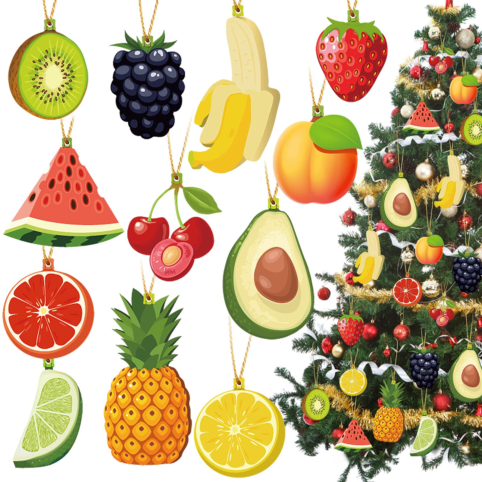 Wooden Christmas Tree Ornaments Set - 24 Piece Fruit Style Hanging Decorations for Tree, Wreath & Fireplace | Eco-Friendly Wood Slices for Holiday Home Decor